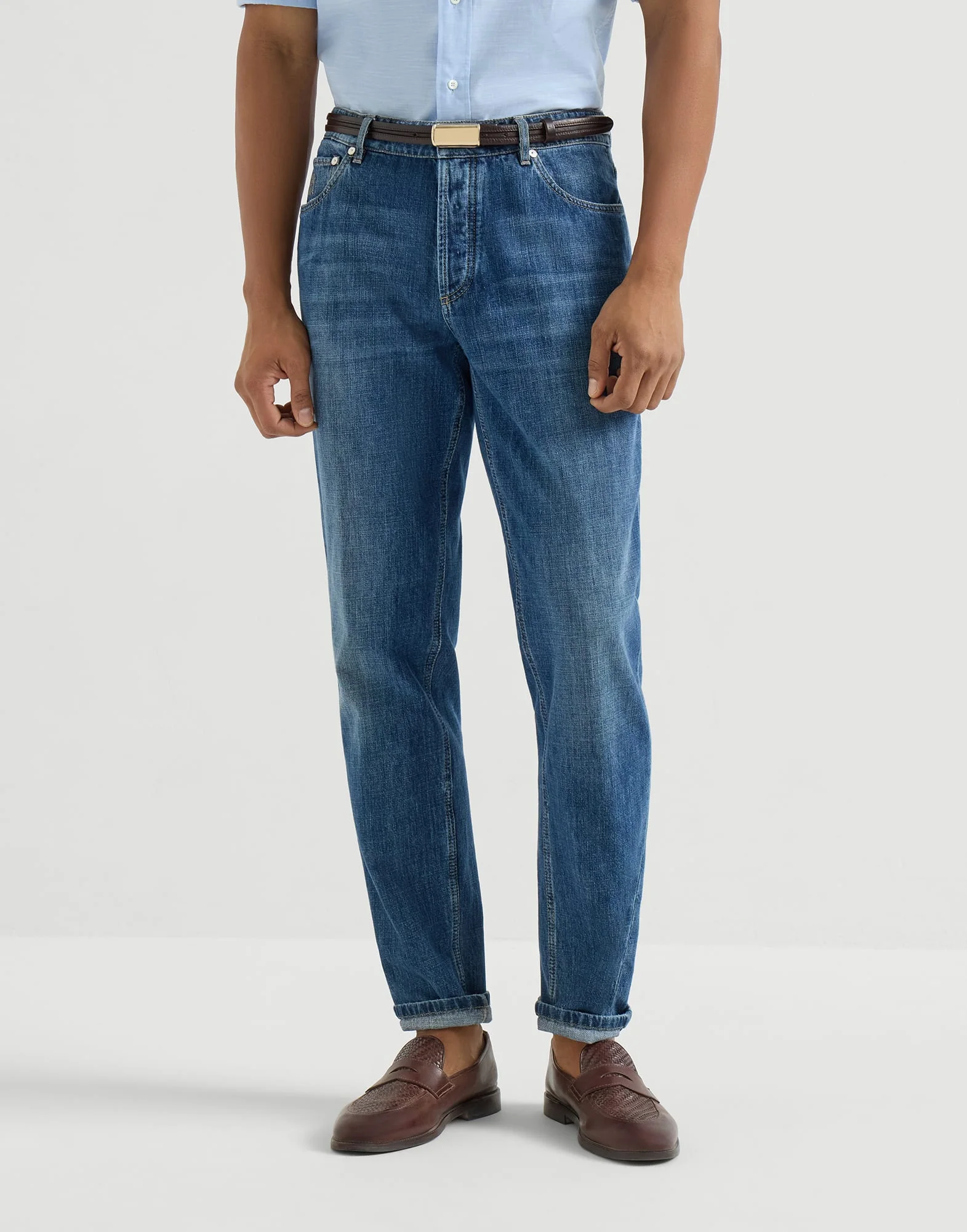 Lightweight denim traditional fit five-pocket trousers - 1