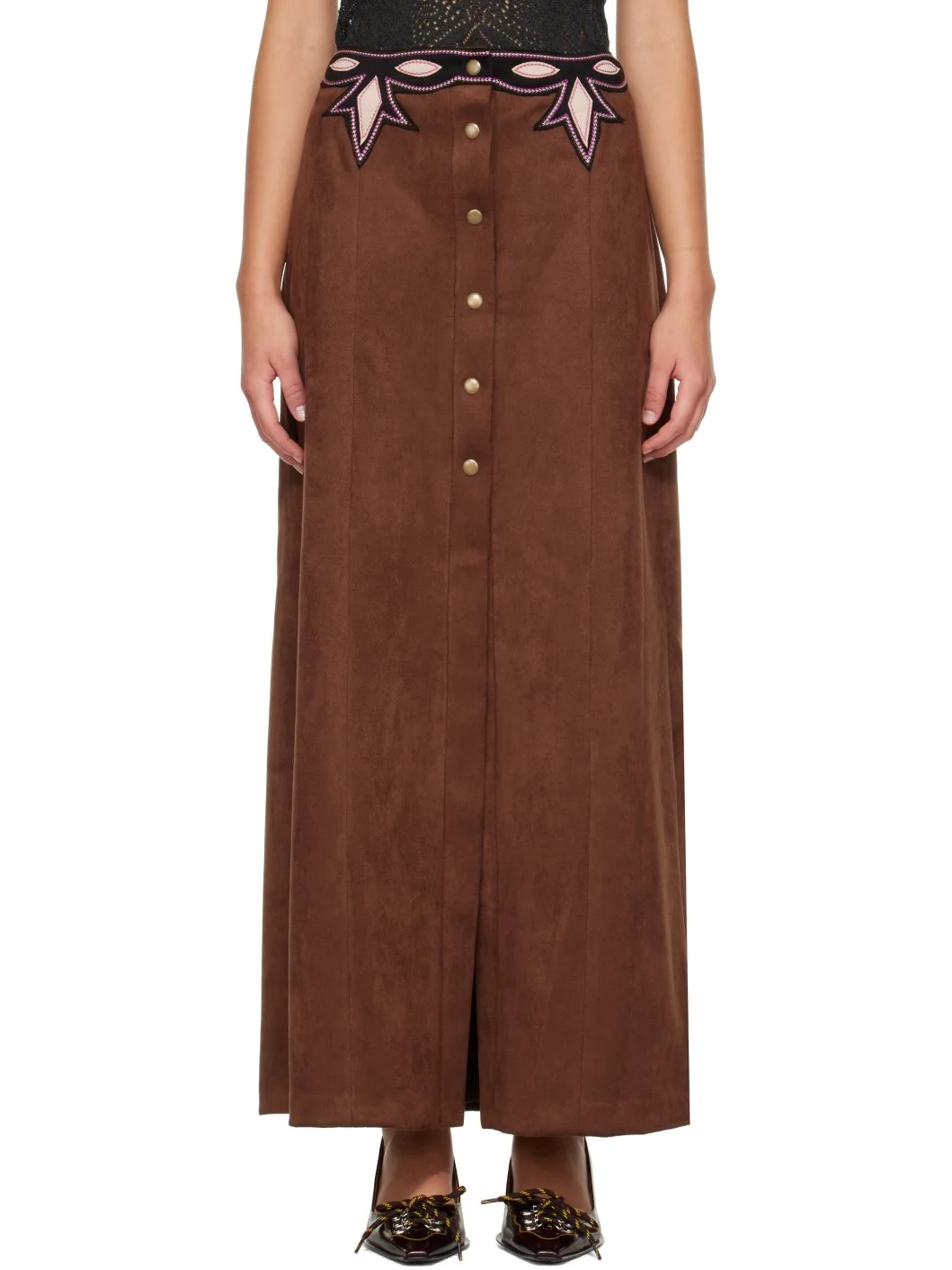 Brown Faux-Suede Appliqué Maxi Skirt - 1