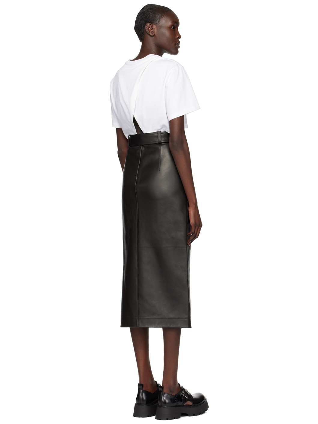 Black Slashed Leather Midi Skirt - 3