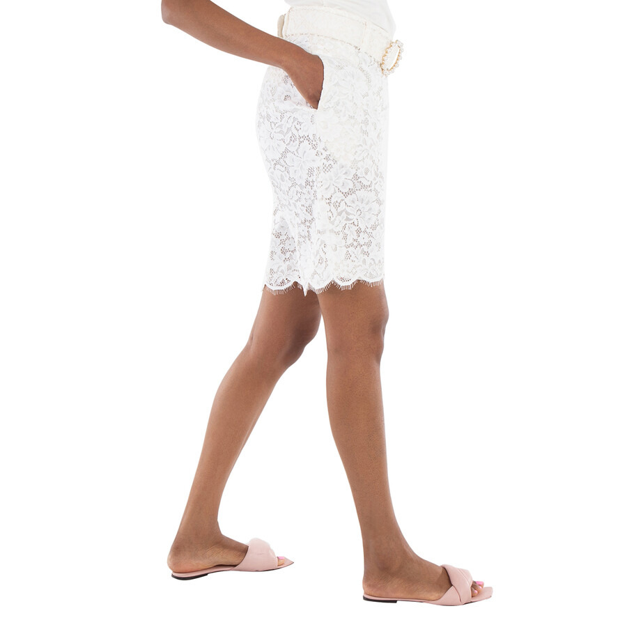Zimmermann Ladies Ivory Belted Lace Knee-Length Shorts - 4
