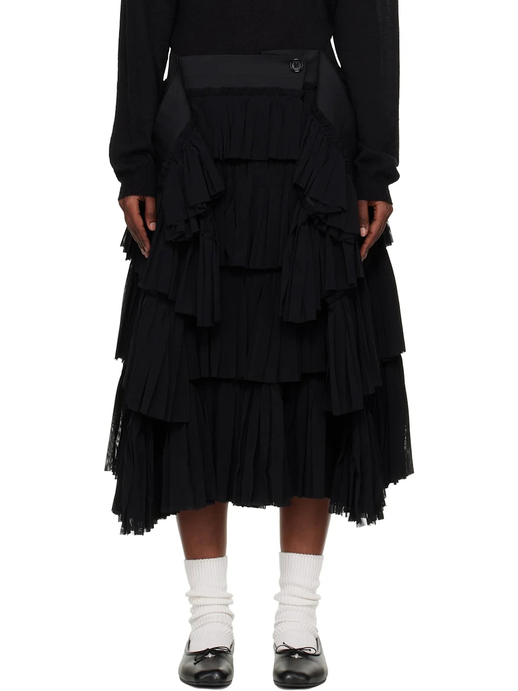 Black Pleated Yarn Dyed Tulle Midi Skirt - 1