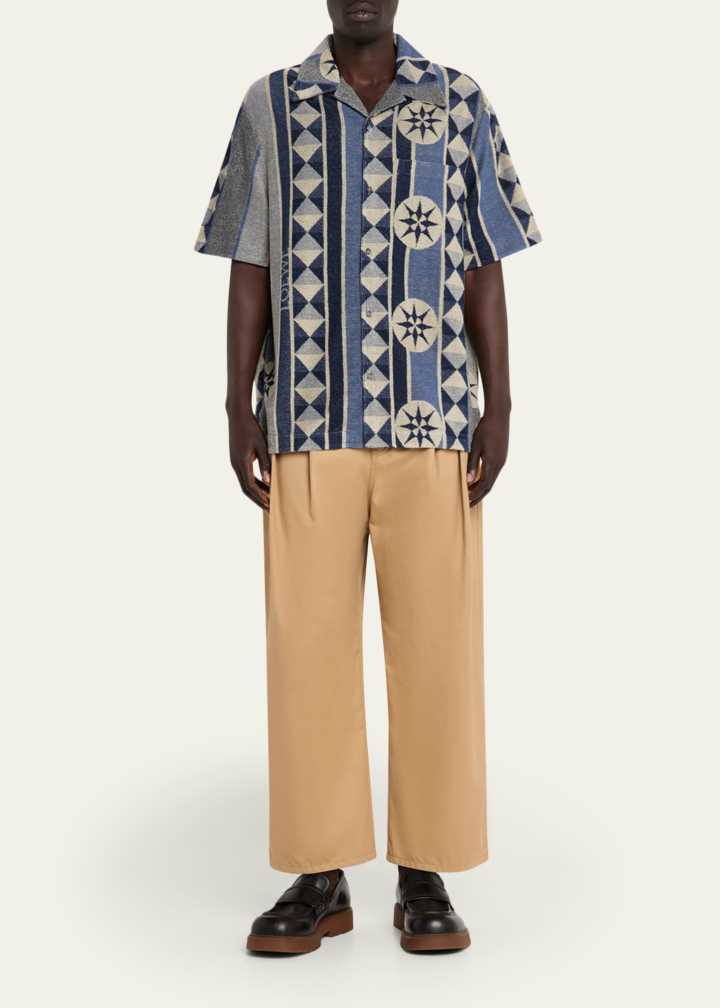 Men's Cotton Terry Compass-Print Camp Shirt - 2