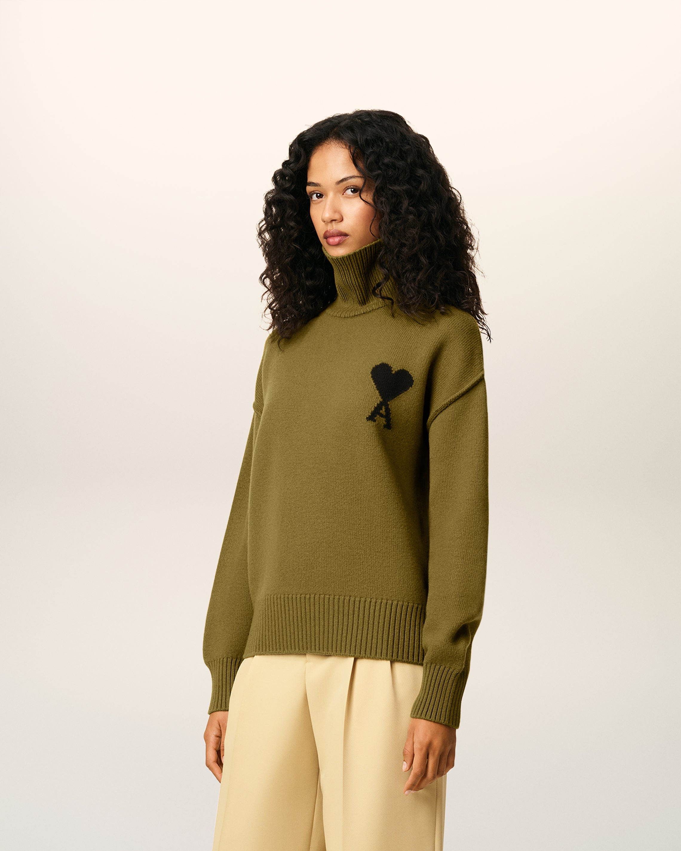 KHAKI WOOL AMI DE COEUR FUNNEL NECK SWEATER - 4