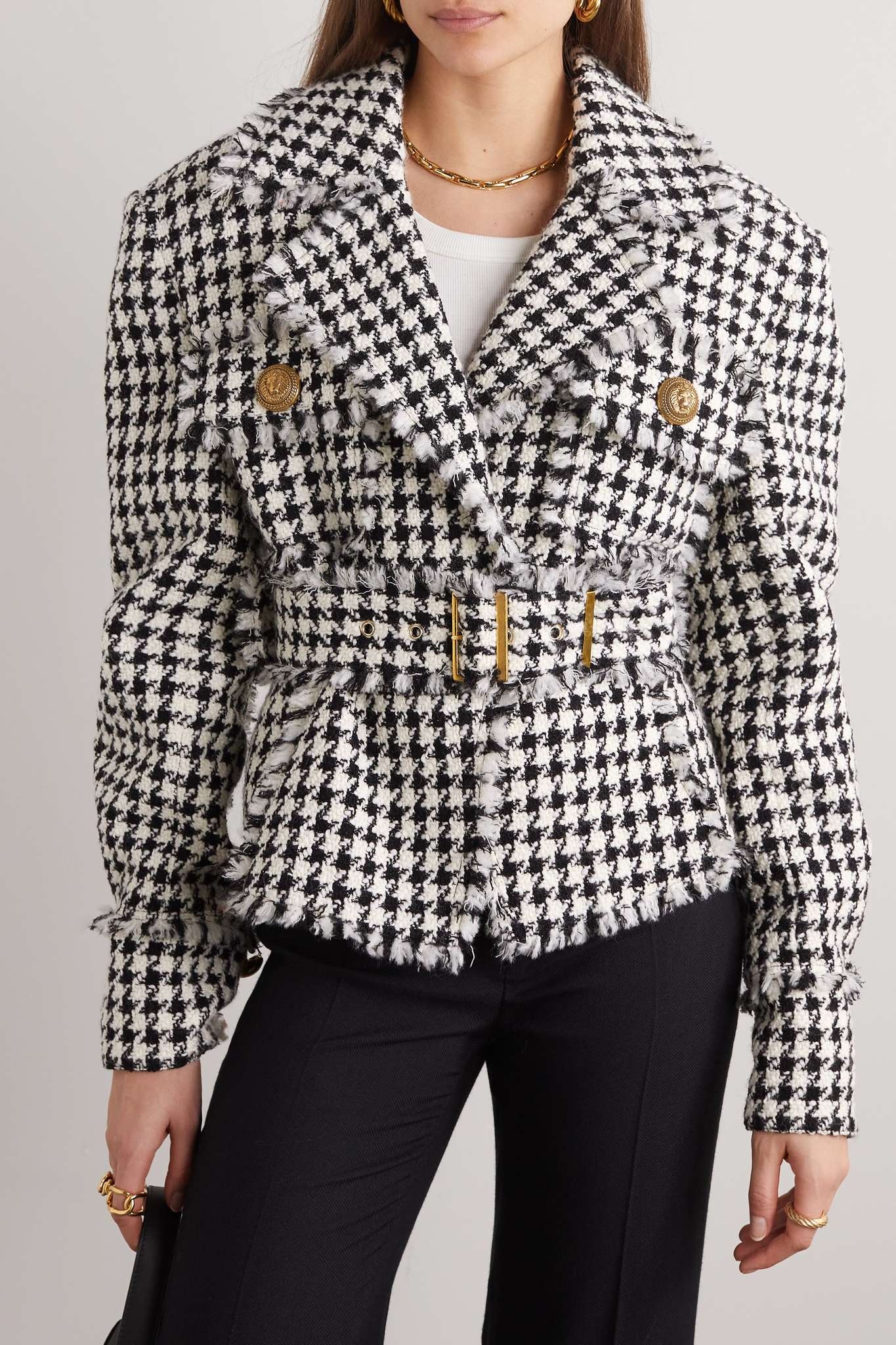 Belted frayed houndstooth cotton-blend tweed overshirt - 5