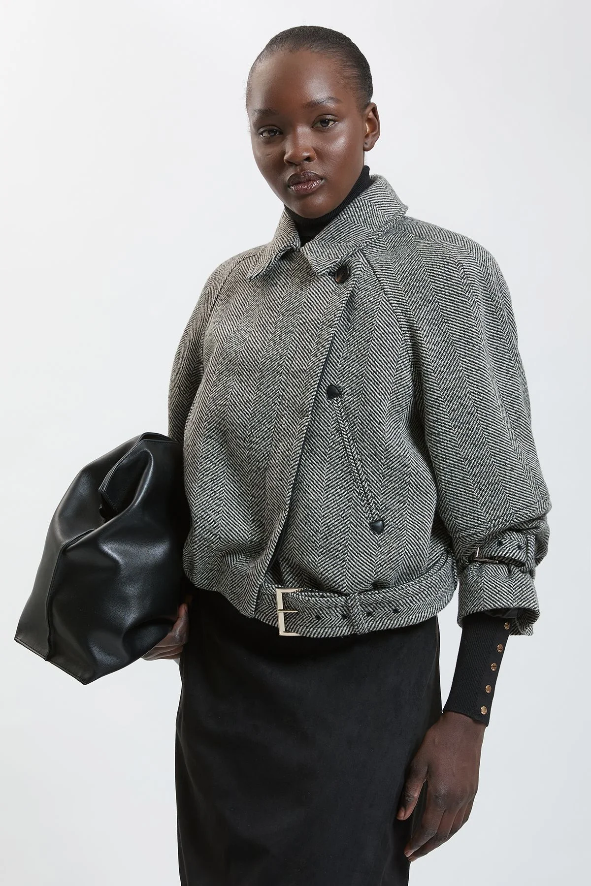 Wool Herringbone Short Trench Coat - 1