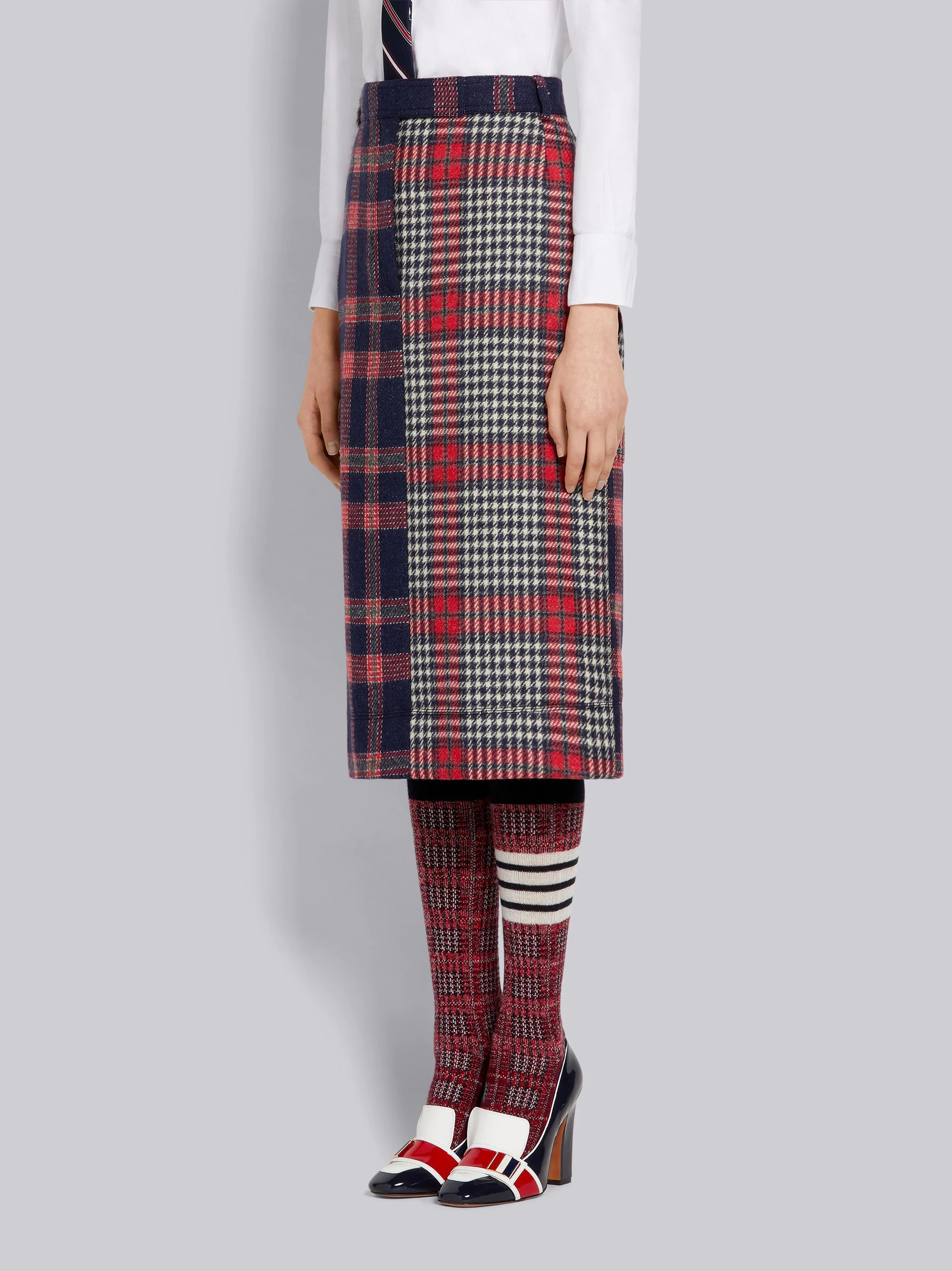 Multicolor Grid Windowpane Check British Wool Below-the-Knee Utility Skirt - 2