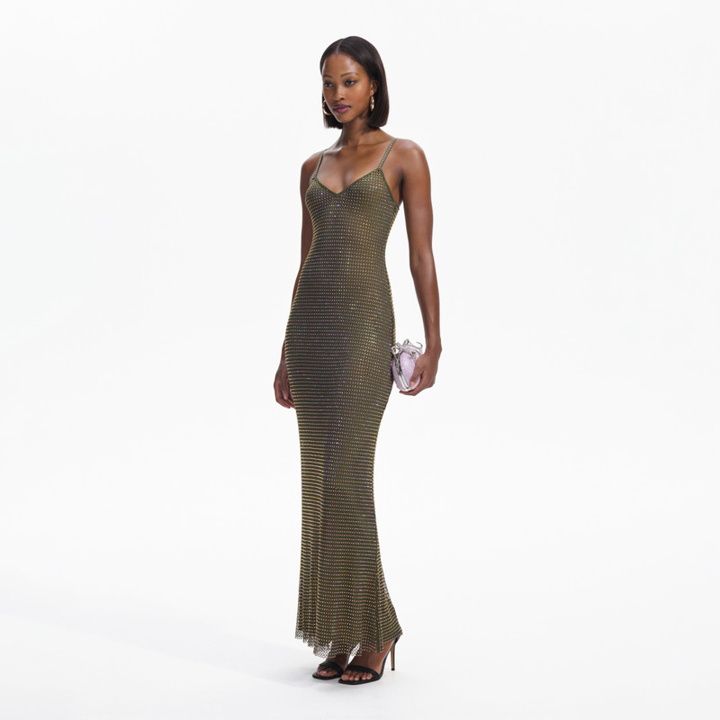 green emerald velvet dress Olive Rhinestone Embellished Maxi Dress  self-portrait-US