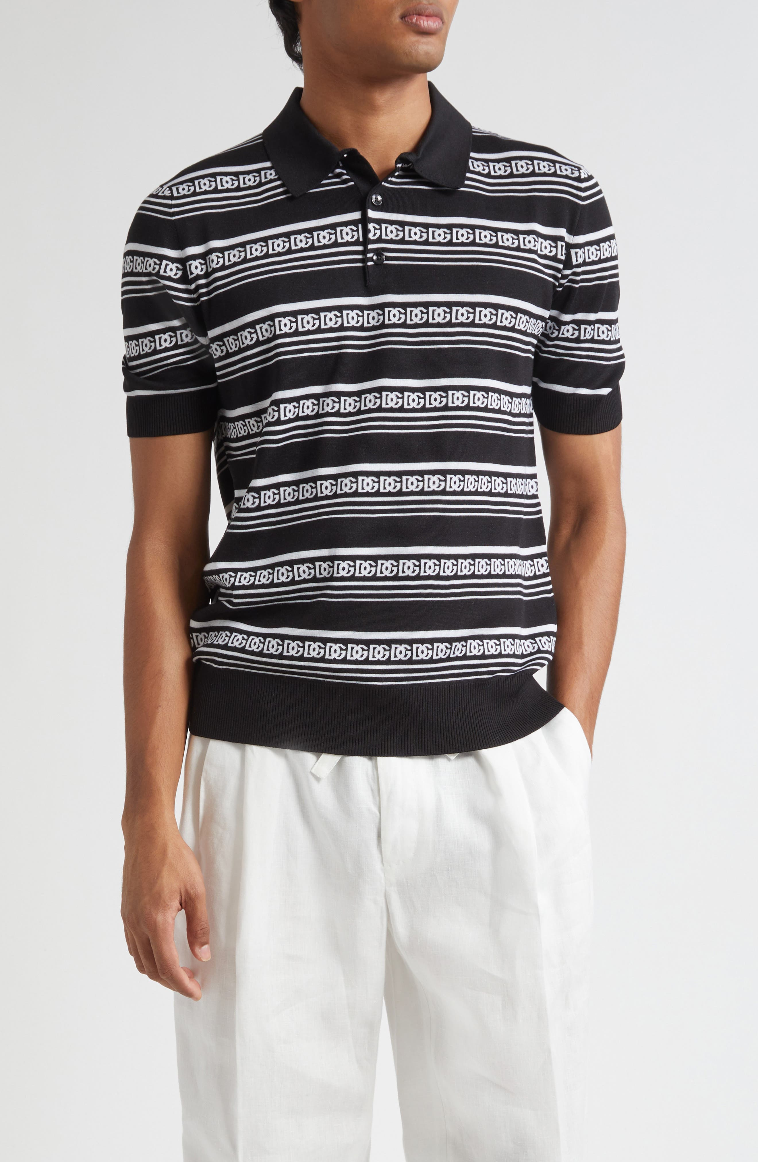 Dolce&Gabbana Logo Stripe Jacquard Silk Polo Sweater in N0004 Nero/Bianco at Nordstrom - 1