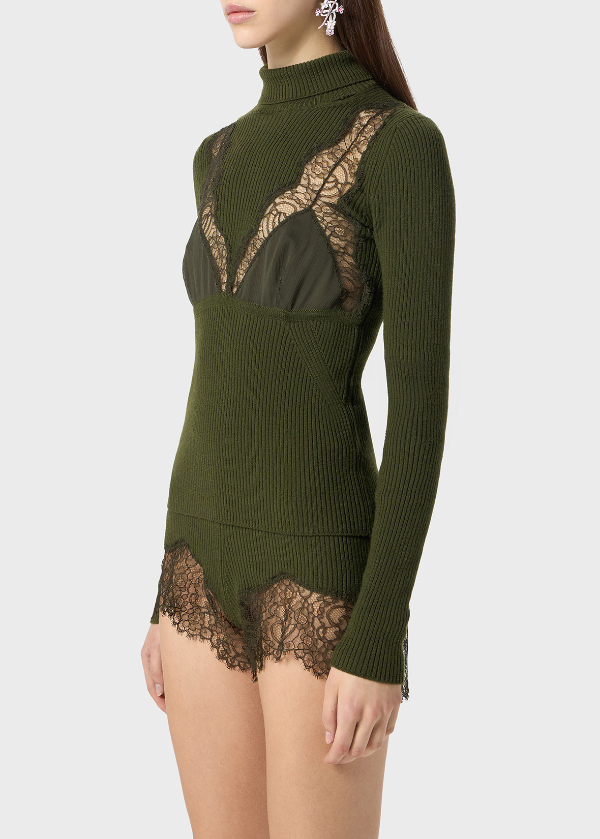STRETCH RIBBED SWEATER WITH LACE AND SATIN INSERTS - 5