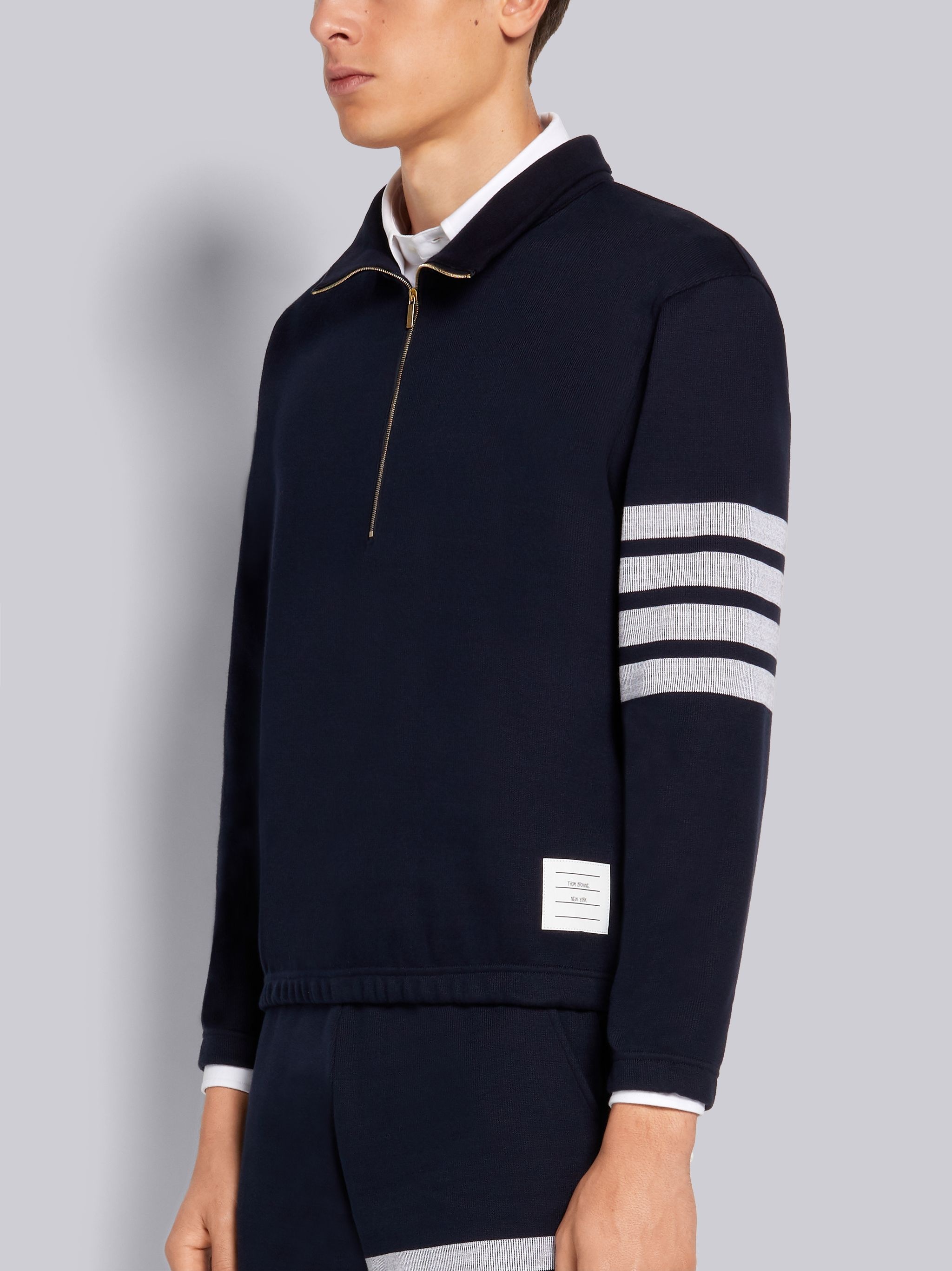 Navy Double Face Cotton Knit 4-Bar Stripe Half Zip Funnel Neck Pullover - 2