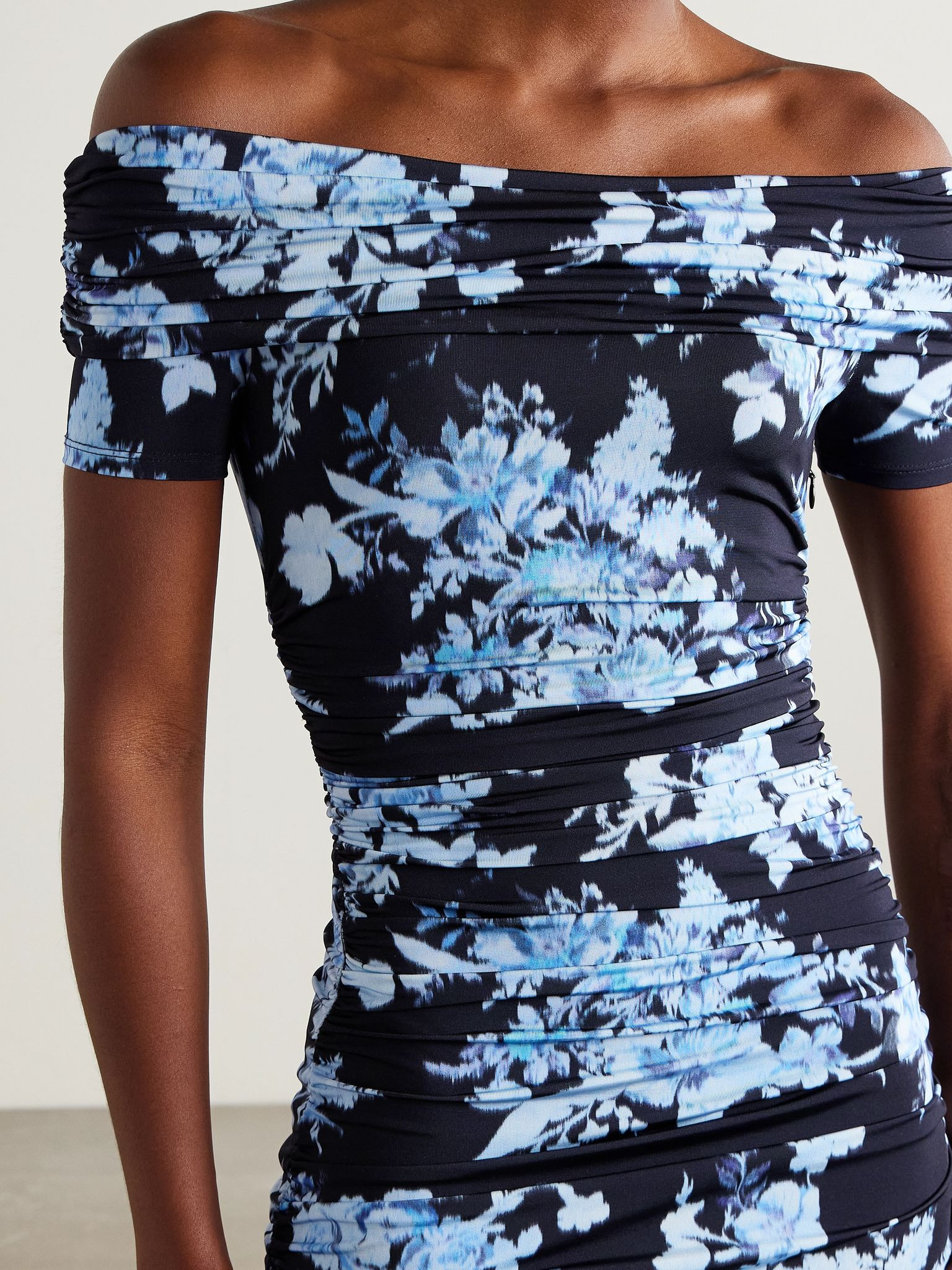 Off-the-shoulder ruched floral-print stretch-jersey midi dress Navy - 5