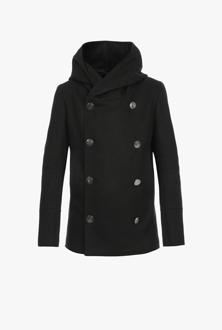 Black wool hooded pea coat with double-breasted silver-tone buttoned fastening - 1
