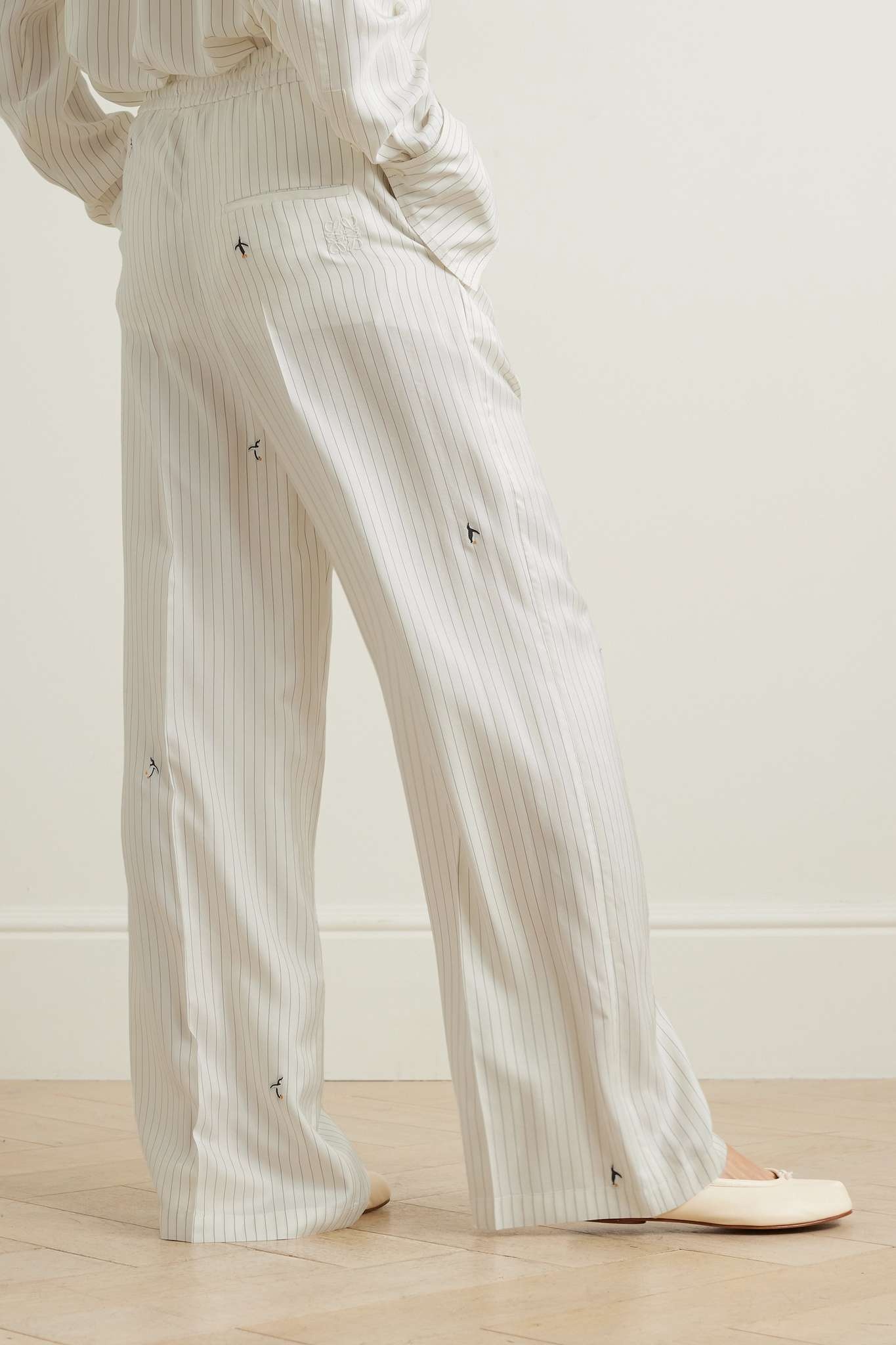 + Suna Fujita embroidered pinstriped silk and cotton-blend twill straight-leg pants - 4