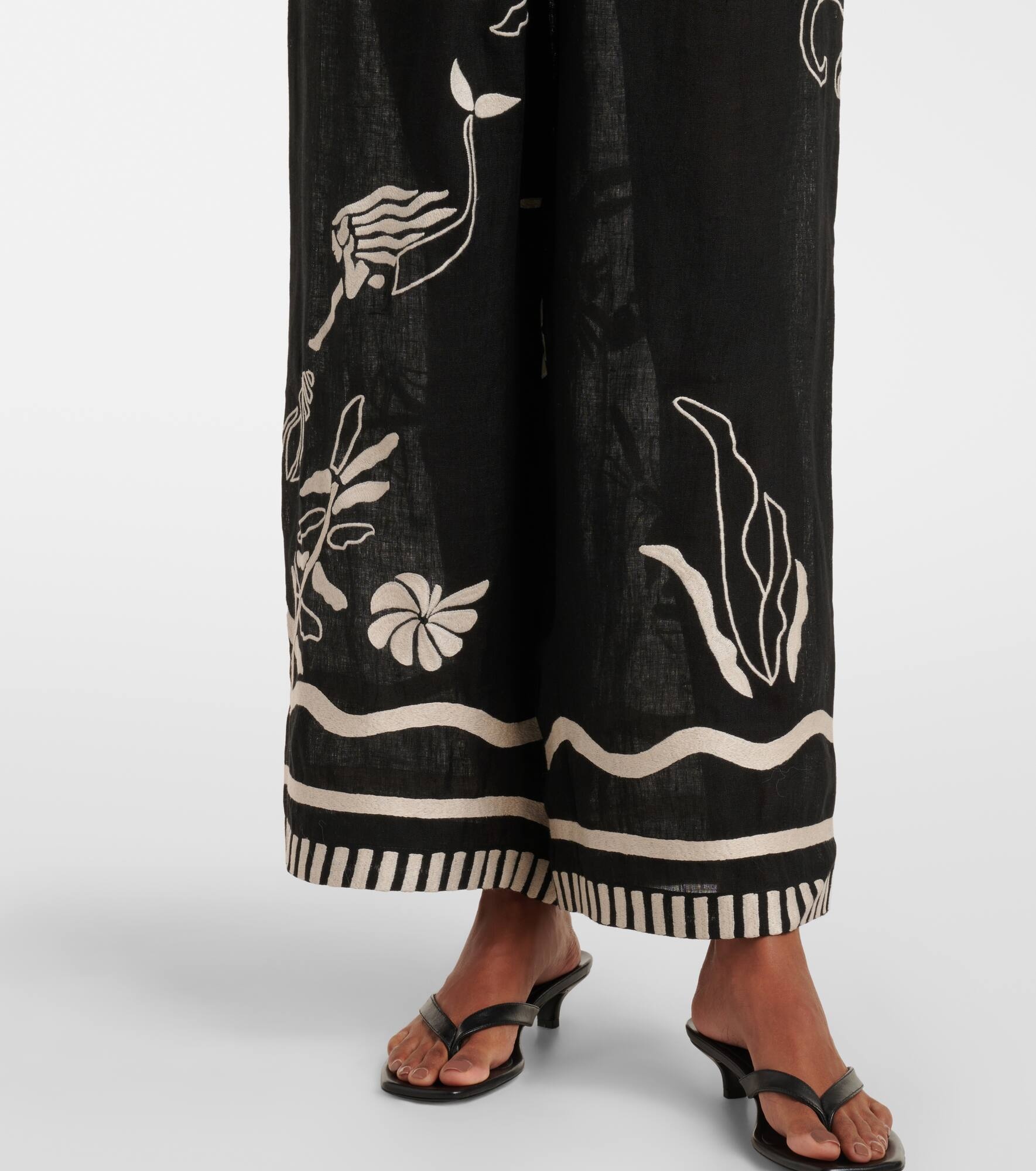 Octopus embroidered linen wide-leg pants - 5