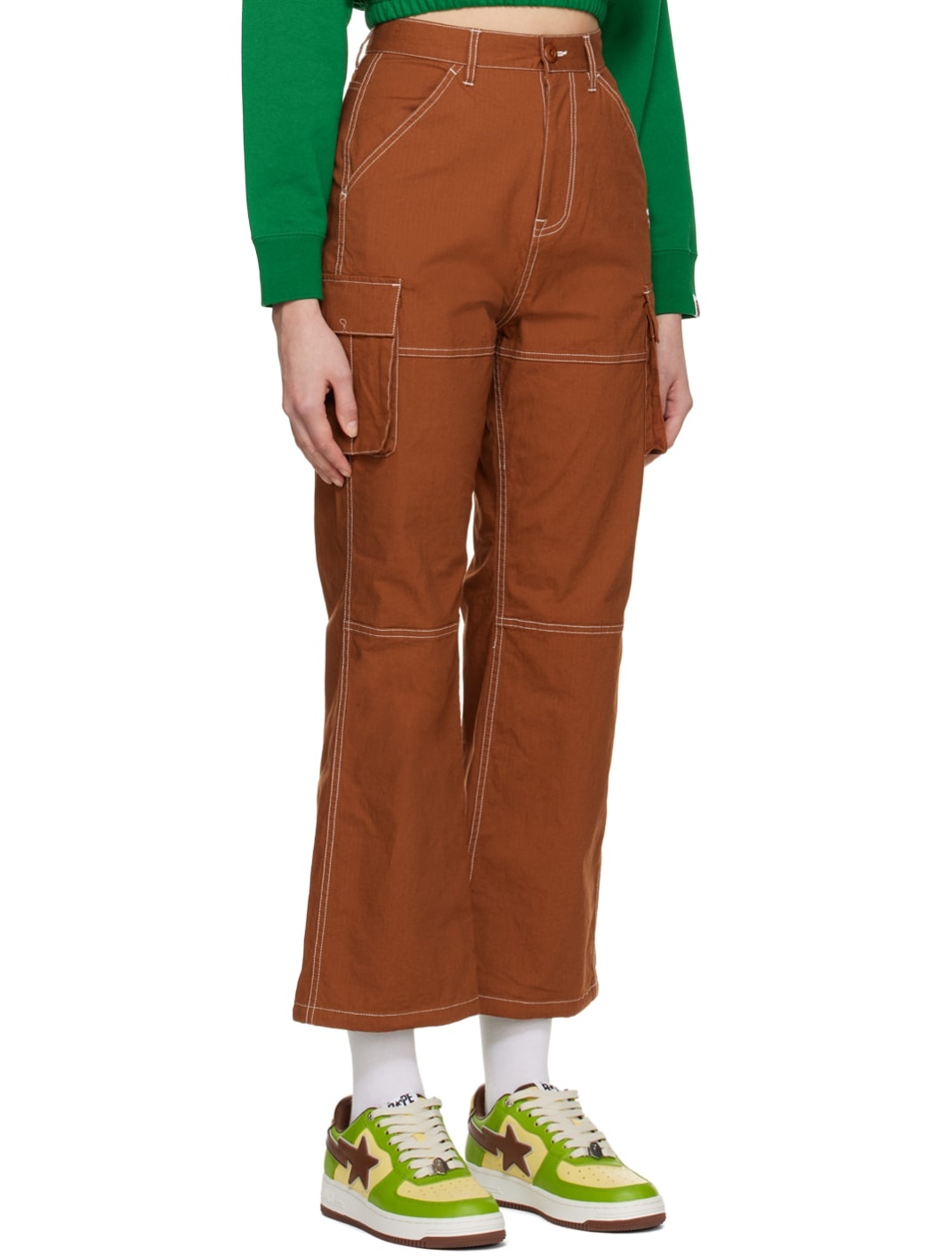 Brown Color Stitching High Waist Cargo Pants - 2