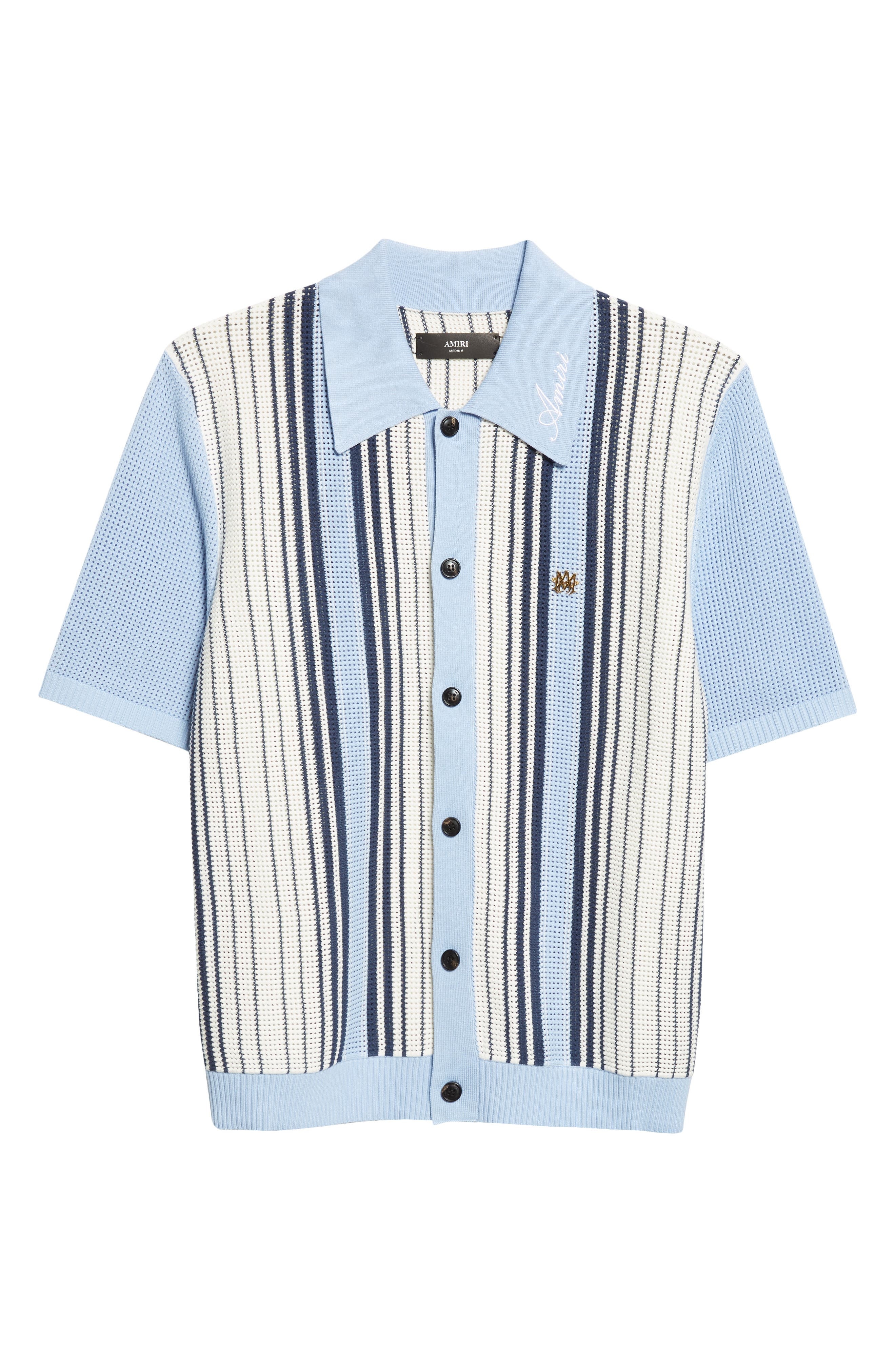 AMIRI Script Logo Embroidered Stripe Short Sleeve Cardigan in Ashley Blue at Nordstrom - 6