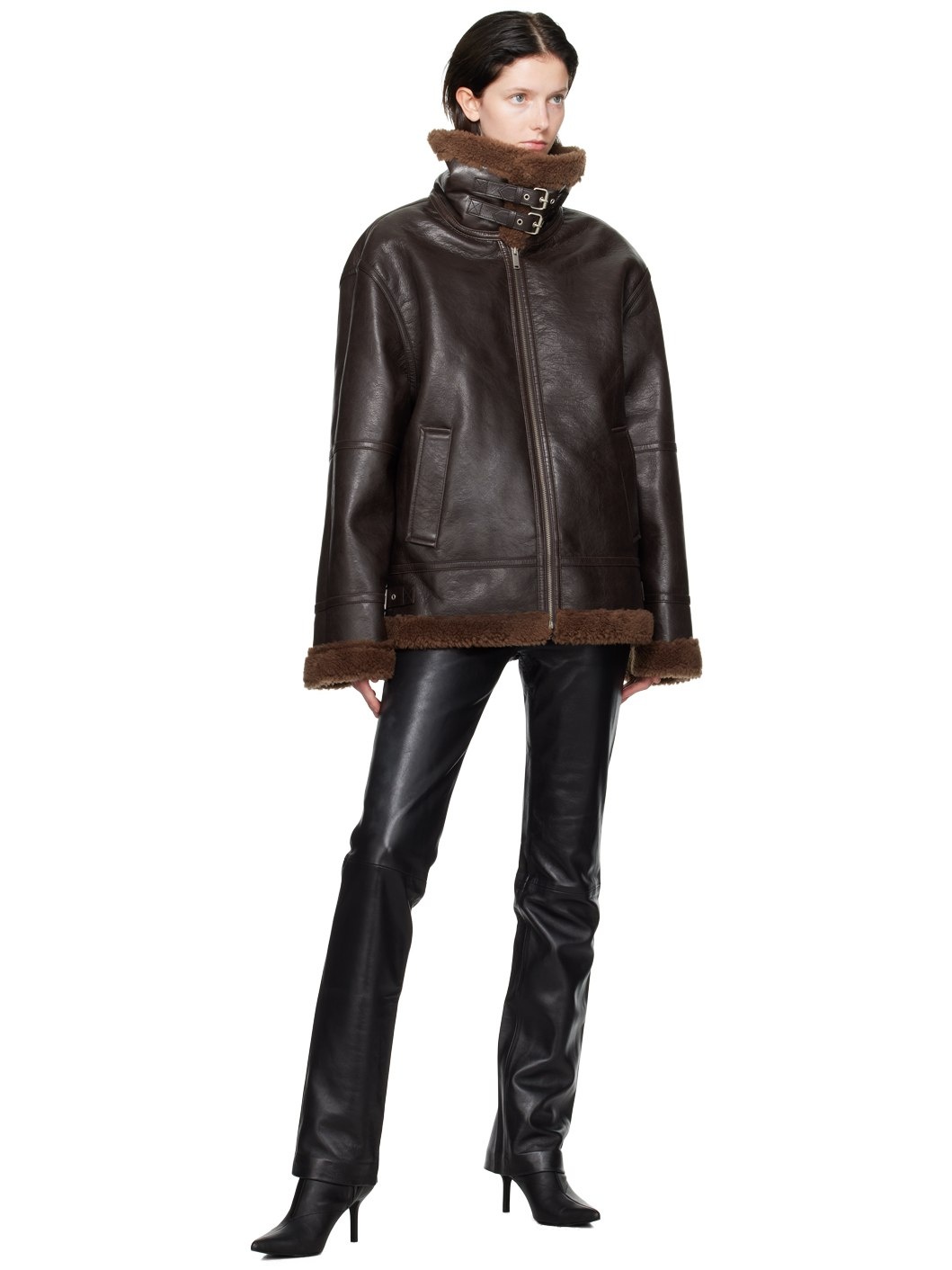 Brown Pin-Buckle Faux-Shearling Jacket - 4