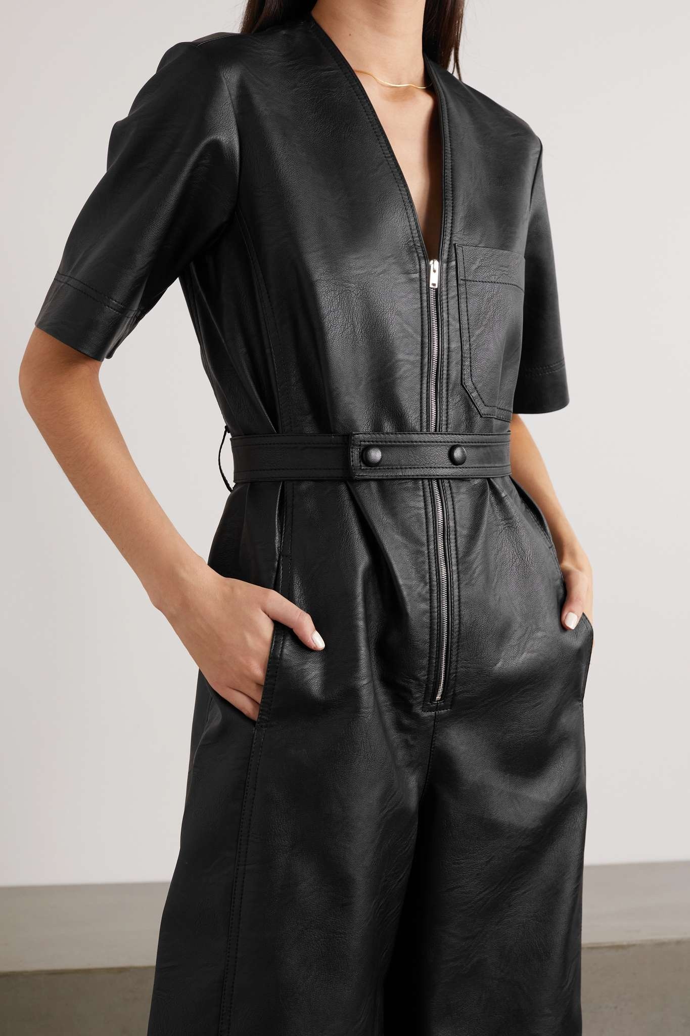 Cropped belted vegetarian leather jumpsuit - 6