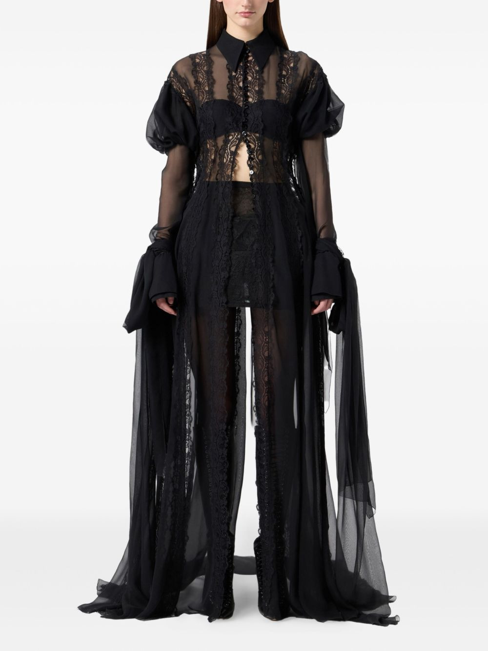 lace-panelled puff-sleeve top - 2