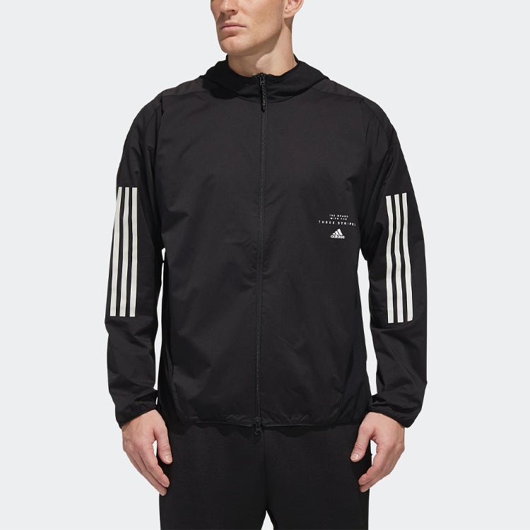 Men's adidas Logo Stripe Printing Hooded Jacket Black FM5325 - 3