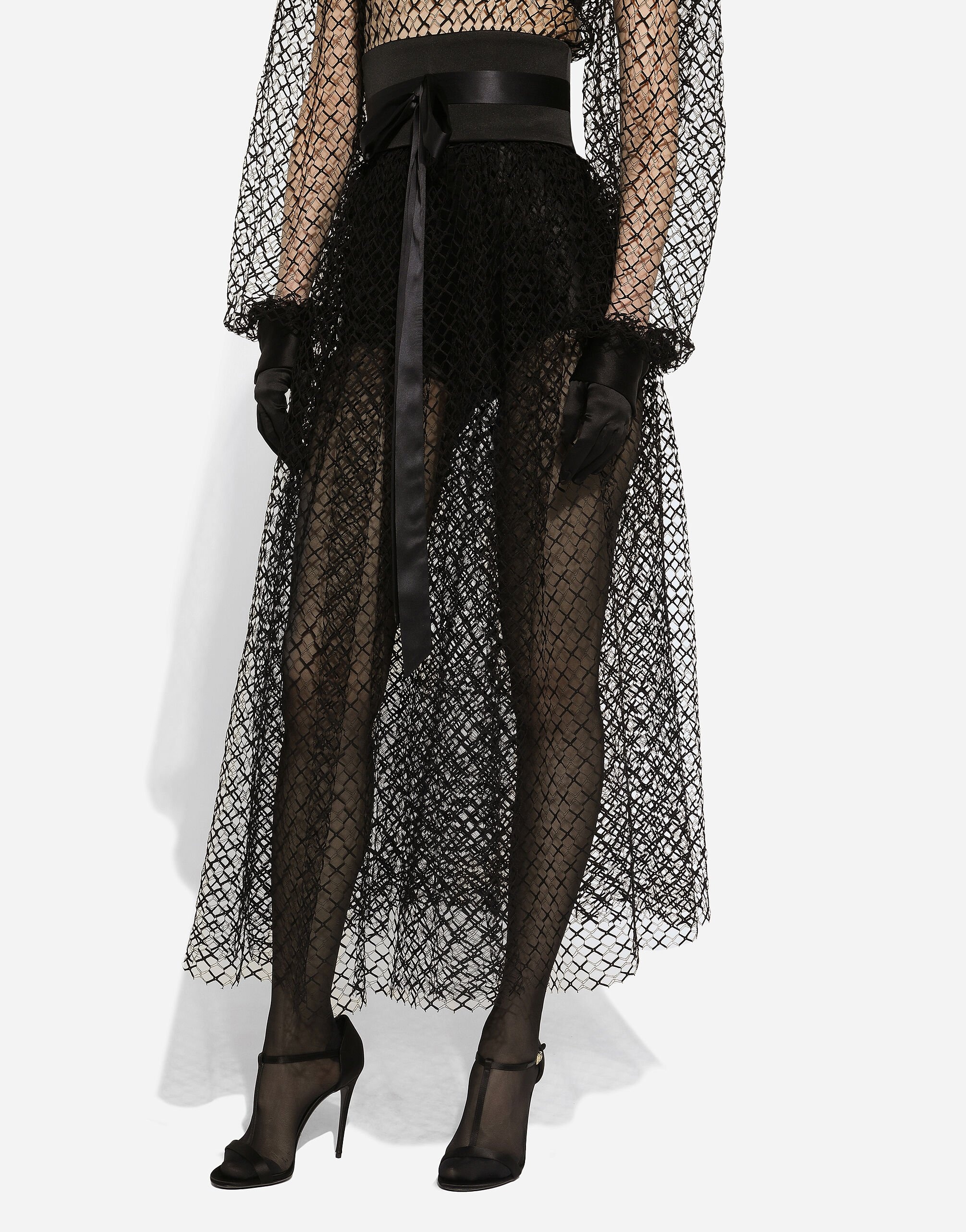 Calf-length mesh dress with wool crepe belt - 6