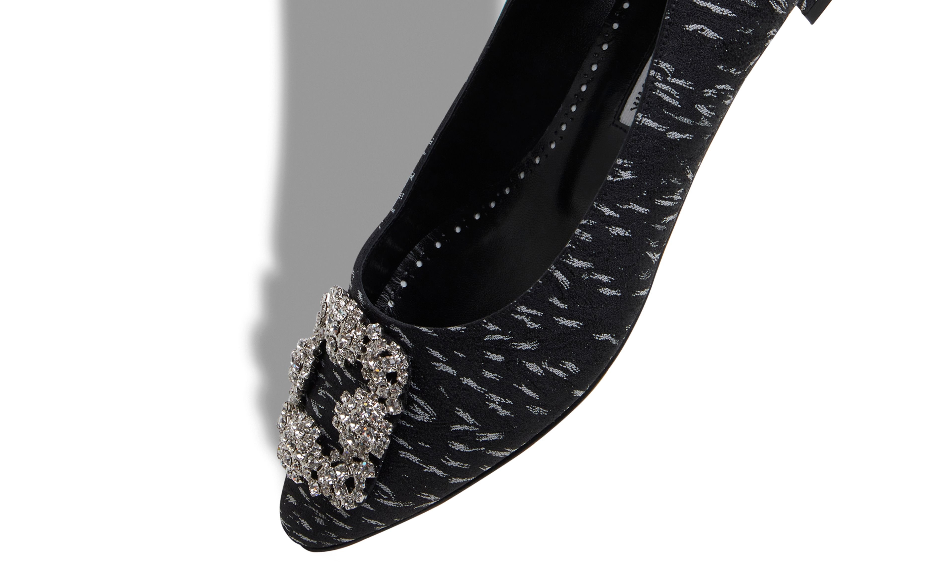 Black Jacquard Jewel Buckle Flat Shoes - 4