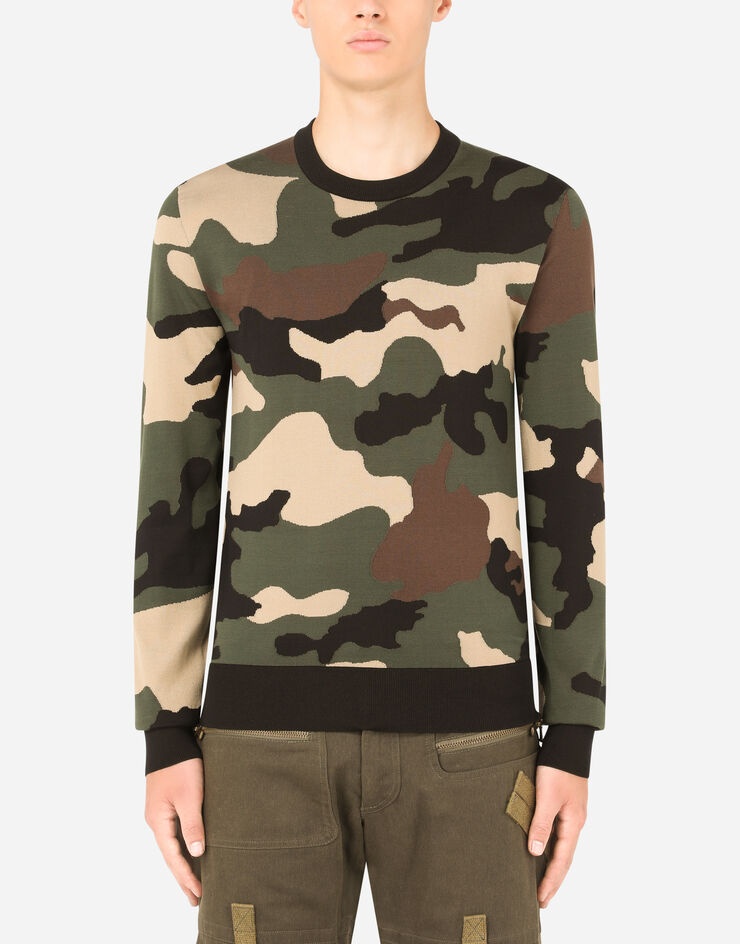 Silk round-neck sweater with camouflage intarsia - 1