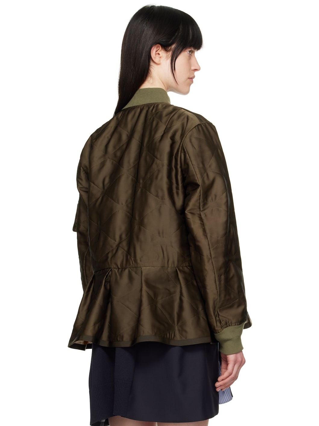 Khaki Quilted Satin Bomber Jacket - 3