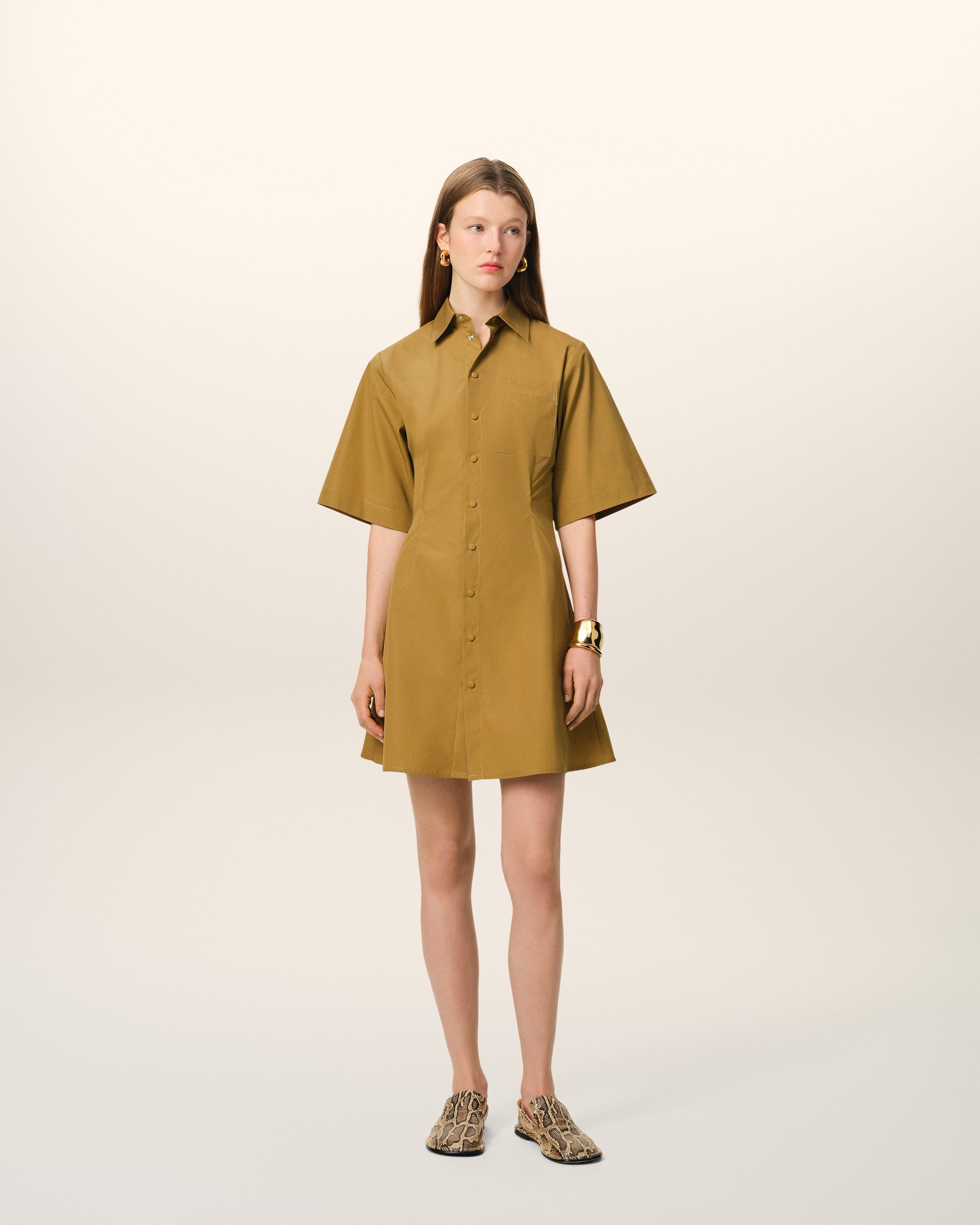 MUSTARD COTTON SHORT SLEEVE SHIRT DRESS - 2