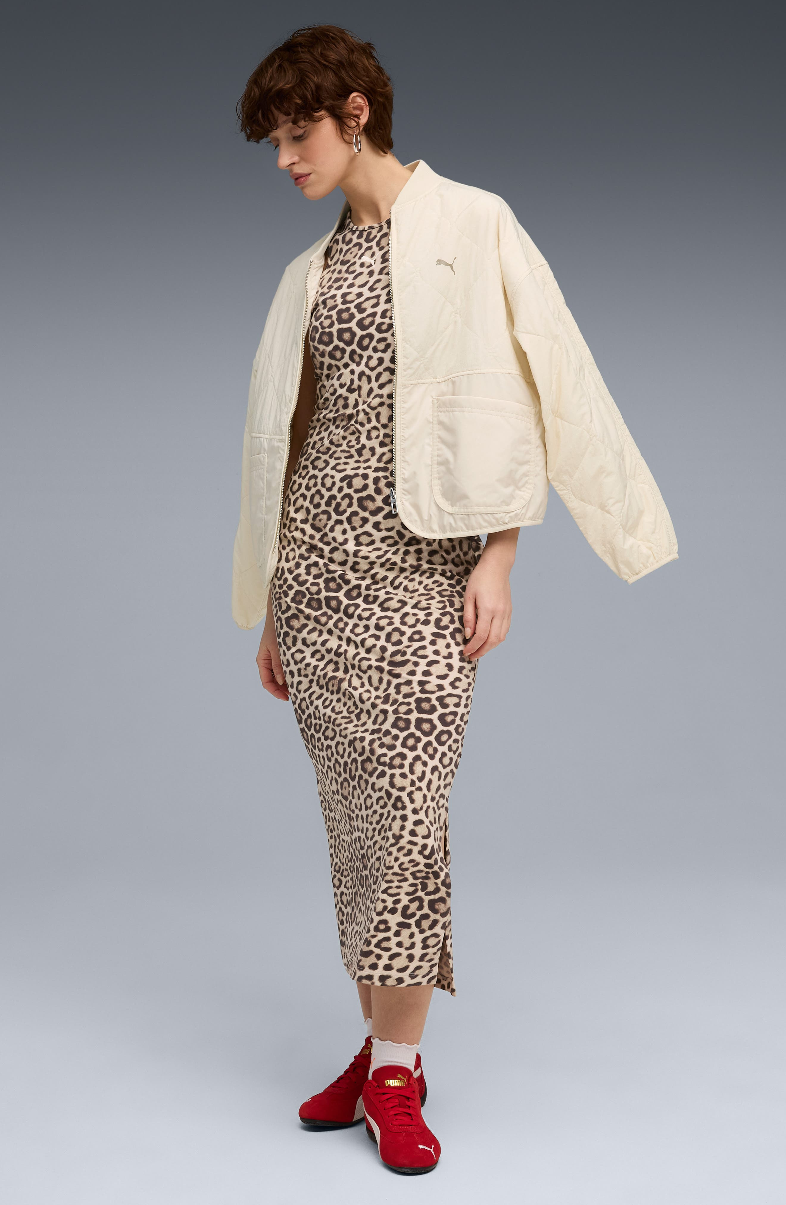 PUMA Leo Leopard Print Stretch Cotton Tank Dress in Alpine Snow-Iced Coffee at Nordstrom - 5