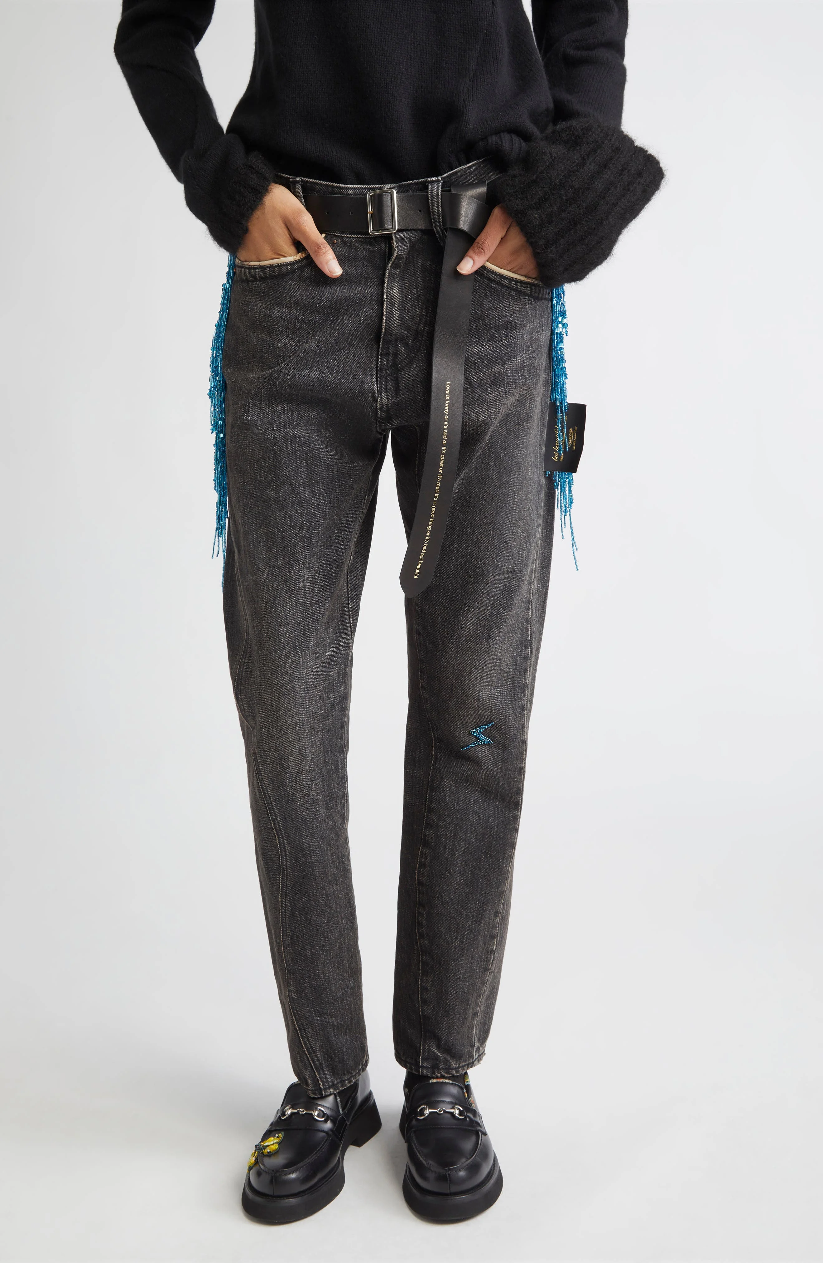 Undercover Beaded Fringe Trim Jeans in Black at Nordstrom - 1