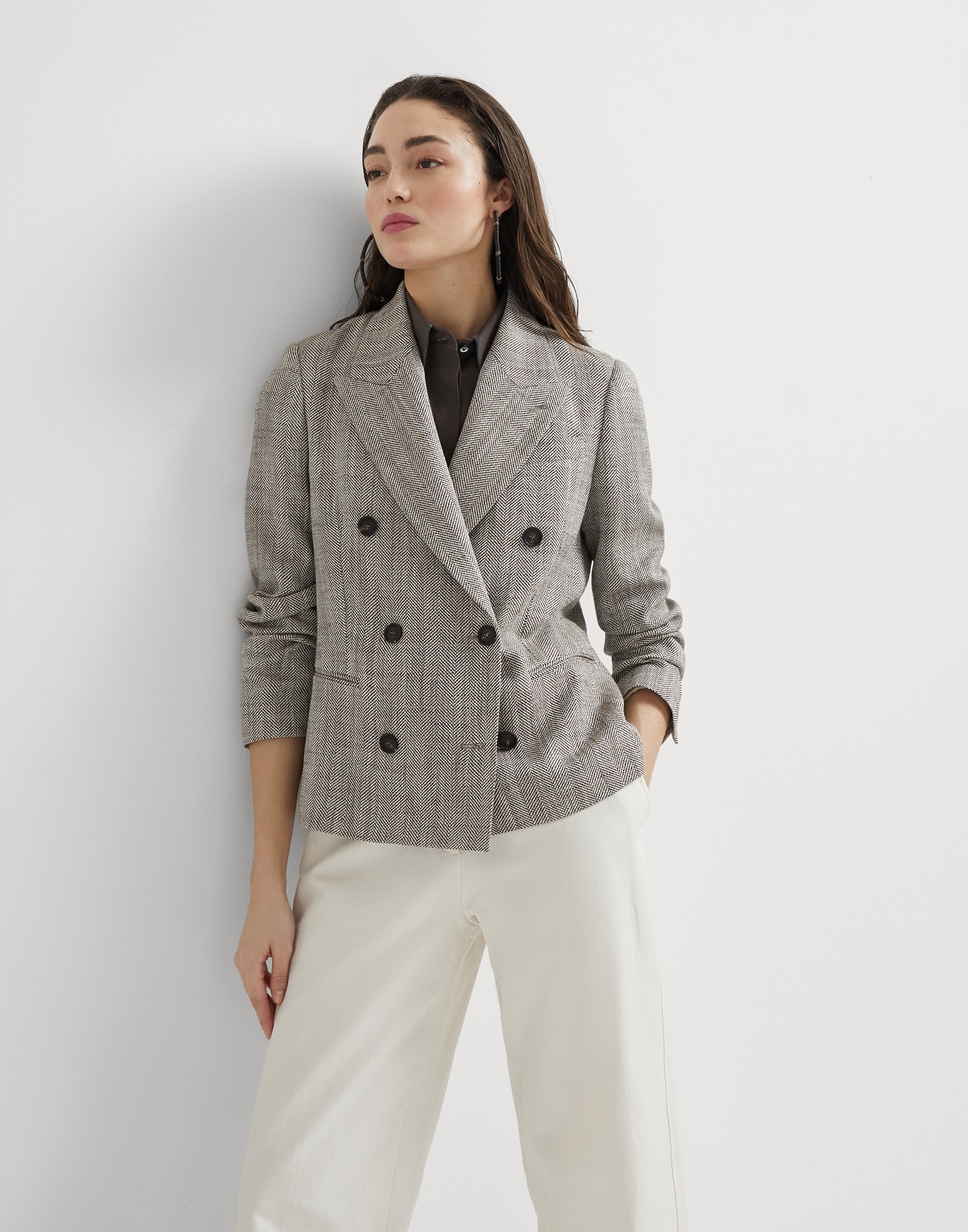 Silk, linen and cotton chevron blazer with monili - 4
