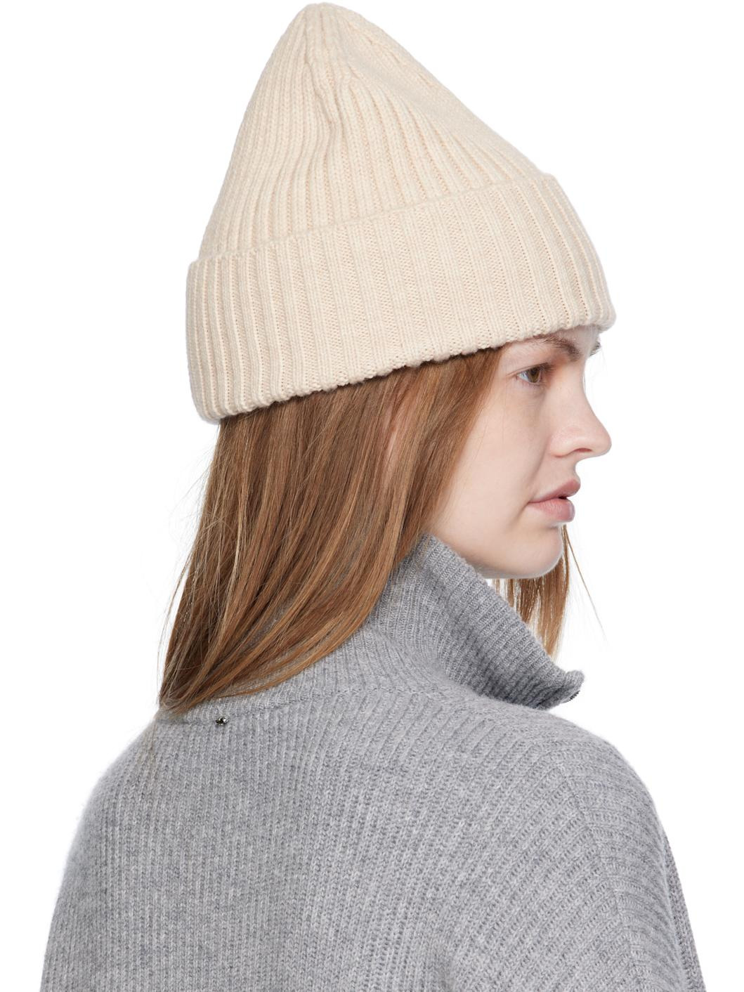 Beige Monogram-Embroidered Wool Beanie - 3