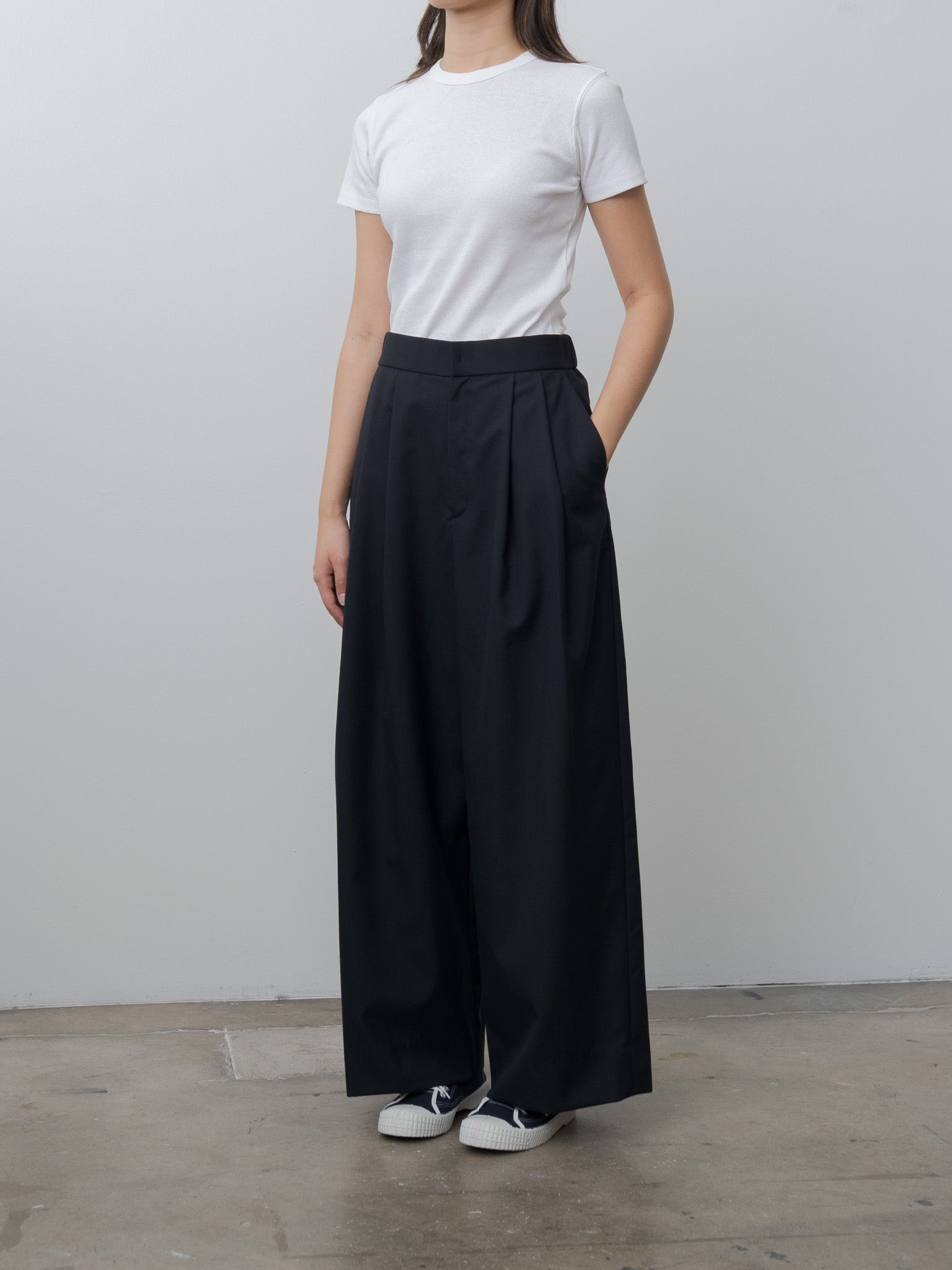 Wool Tropical Wide Easy Pants - Navy - 4