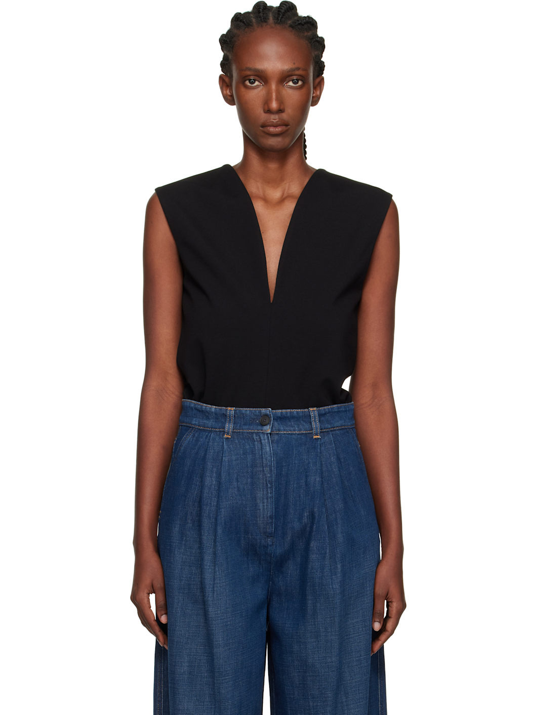 Black Jersey Plunging Neckline Top - 1