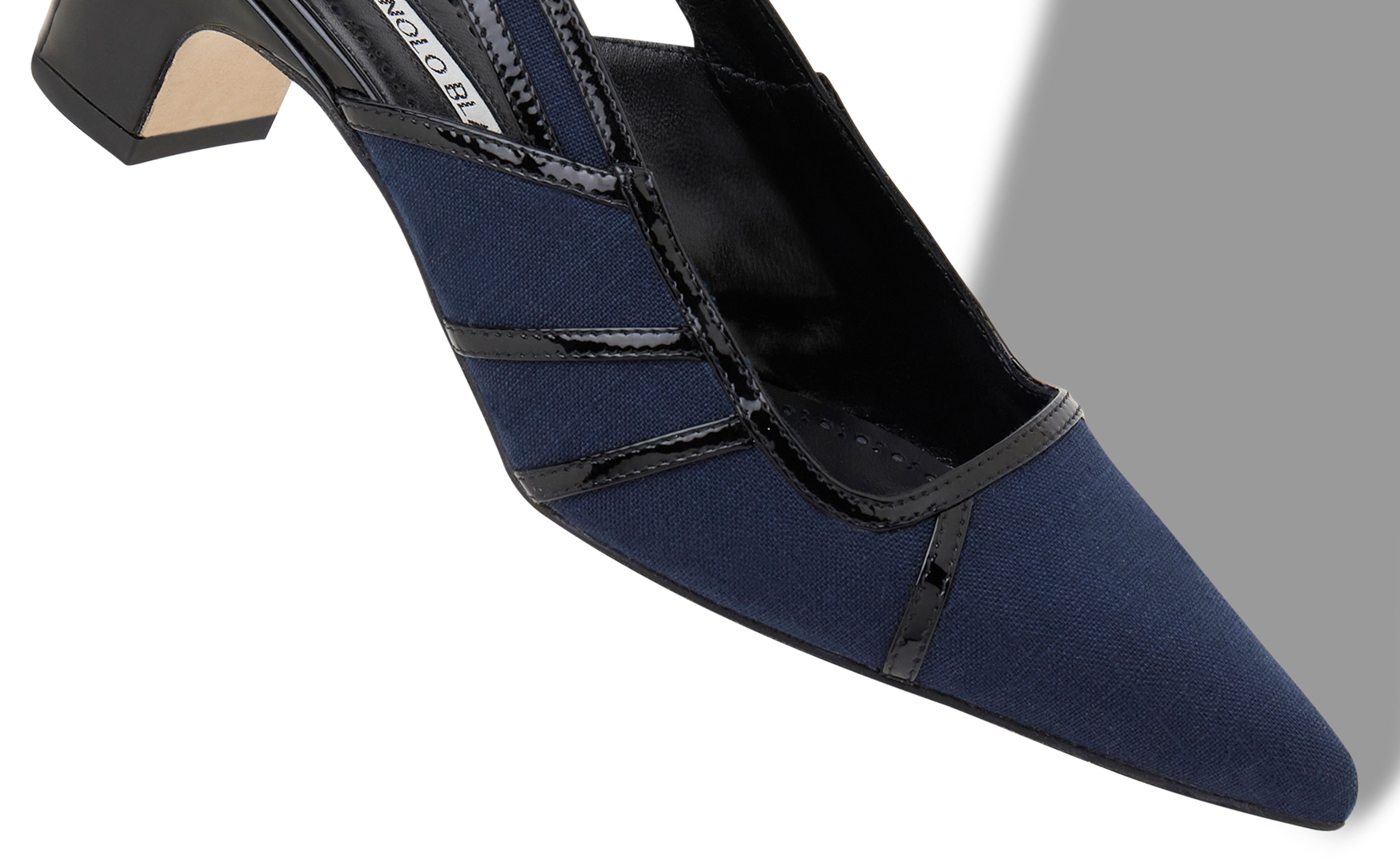 Navy Blue and Black Linen Geometric Slingback Pumps - 4