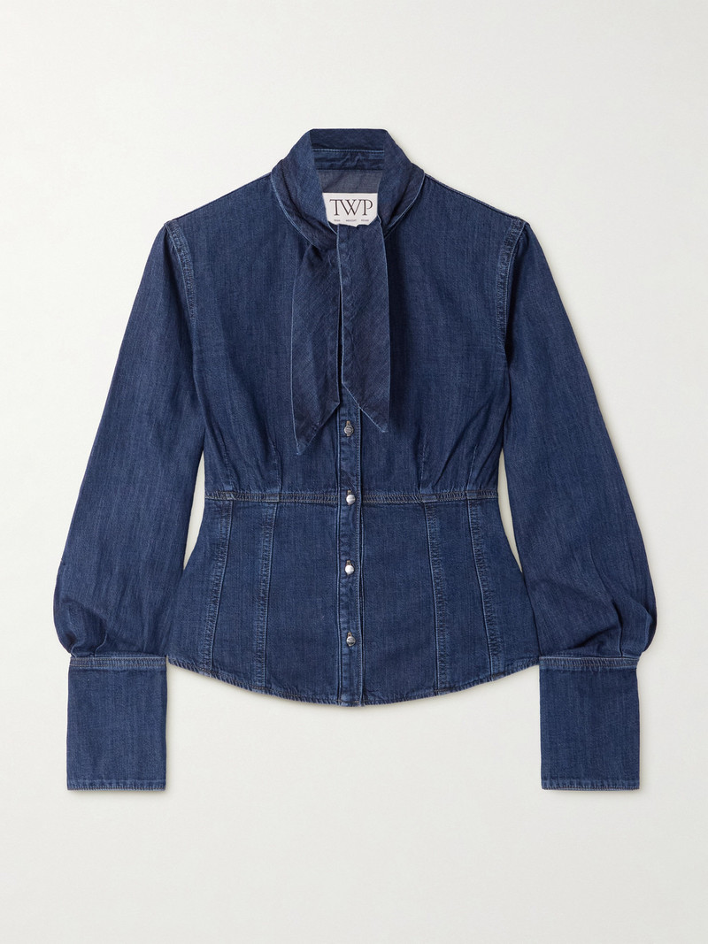 Fifis Pussy-bow Paneled Denim Blouse 1