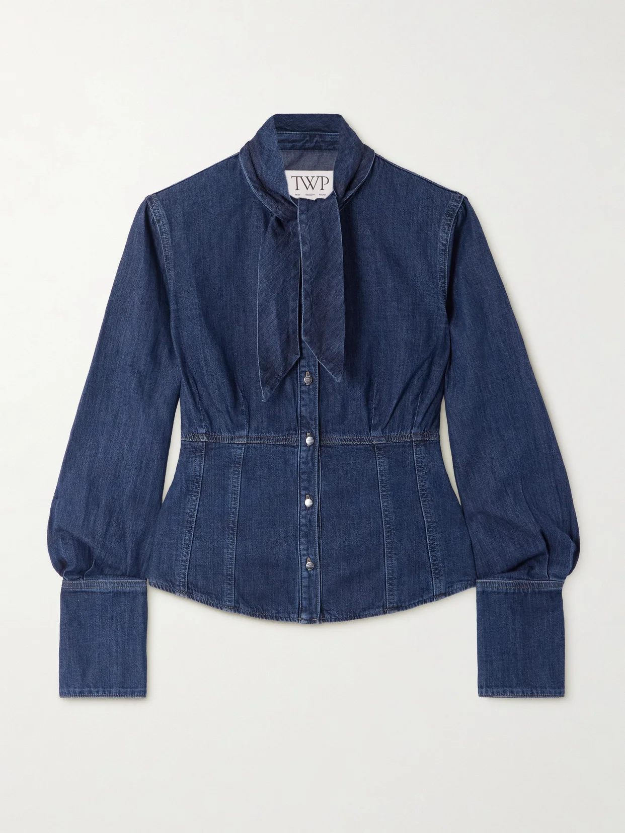 Fifis Pussy-bow Paneled Denim Blouse - 1