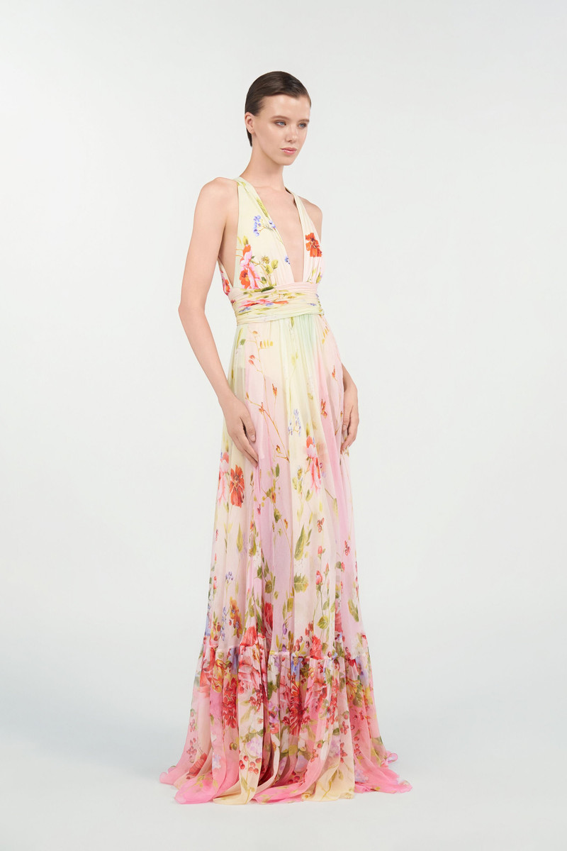 Long Chiffon Dress with Miami Flowers Print 3