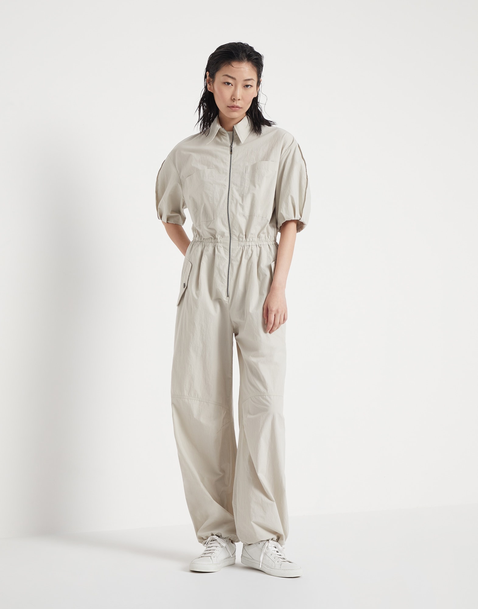 Lightweight wrinkled cotton poplin utility jumpsuit with monili - 1