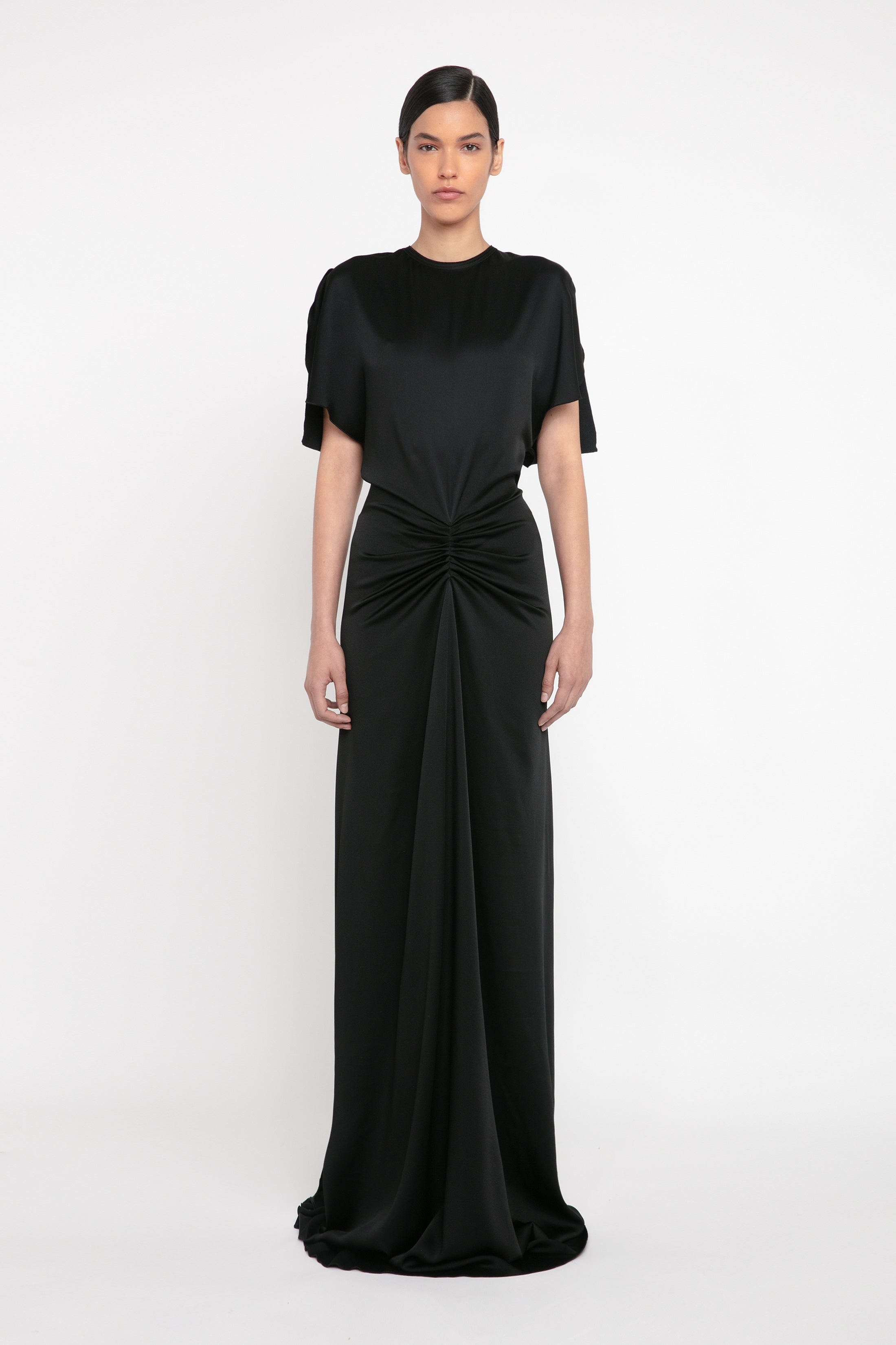 Gathered Waist Floor-Length Dress In Black - 2