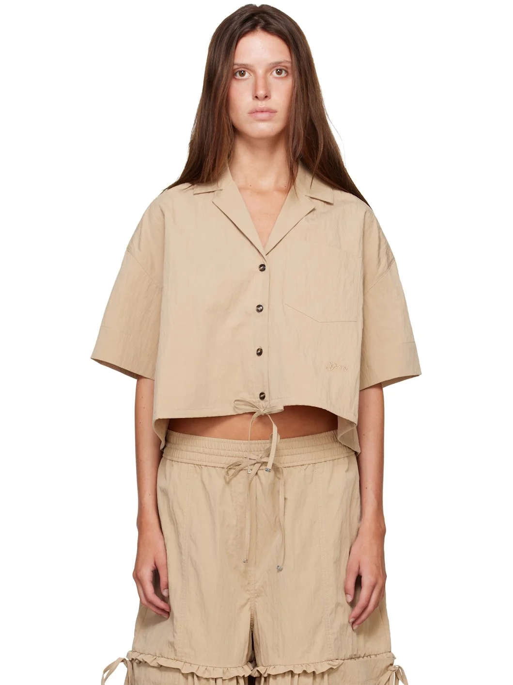 Beige Washed Cotton Cropped Bowling Shirt - 1