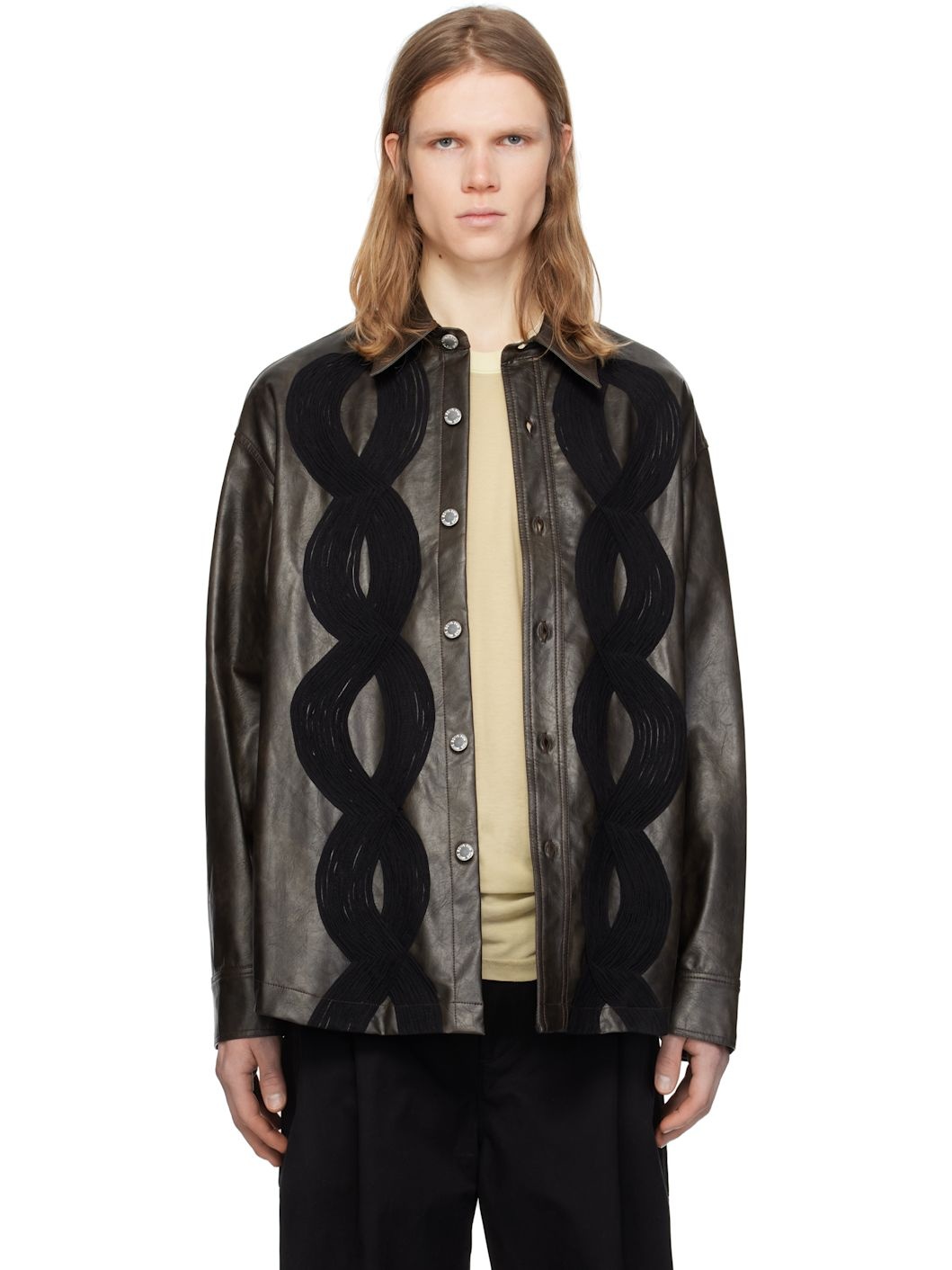 Brown 'Appliqué' Faux-Leather Overshirt - 1