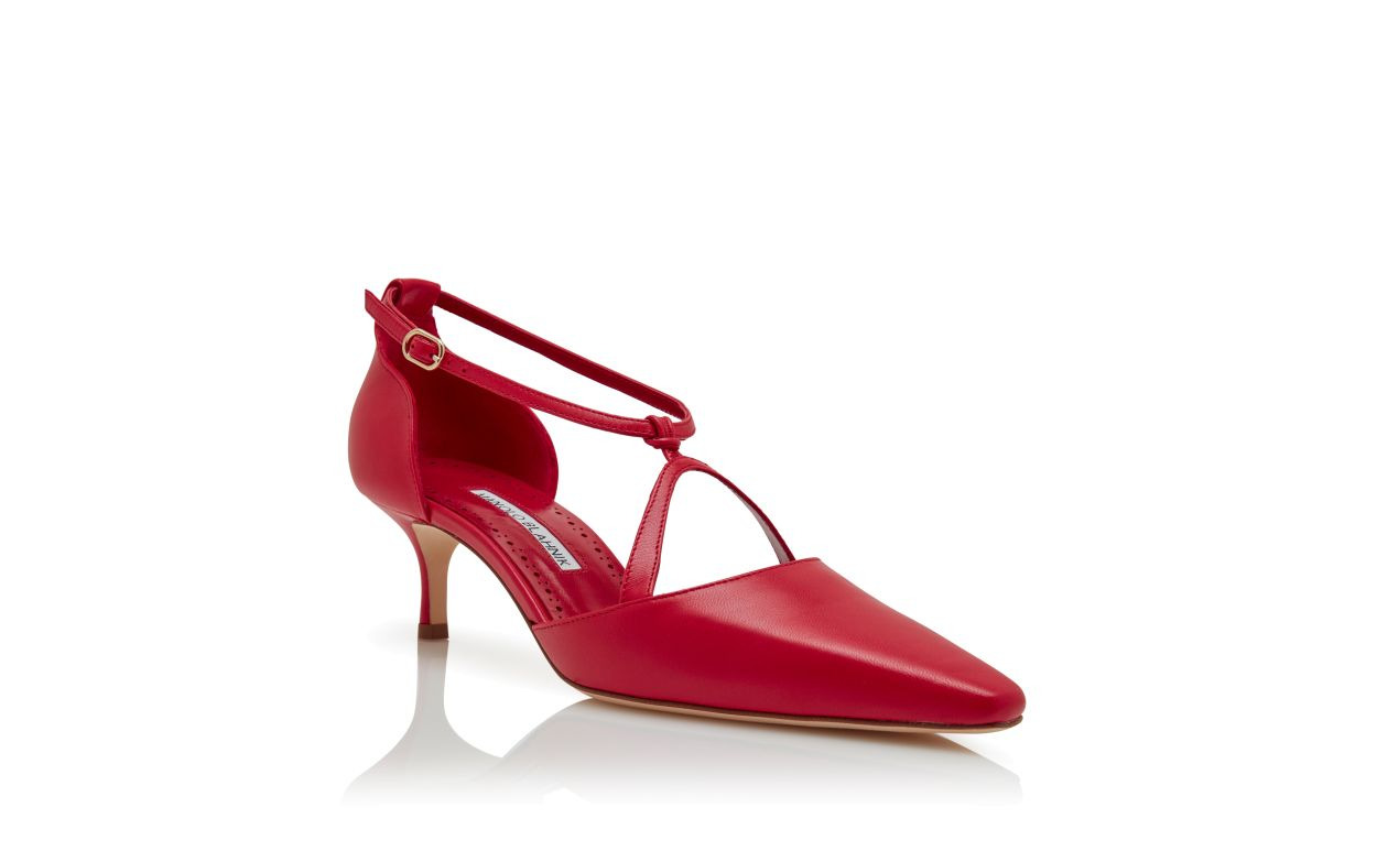 Red Nappa Leather T-Bar Pumps - 3