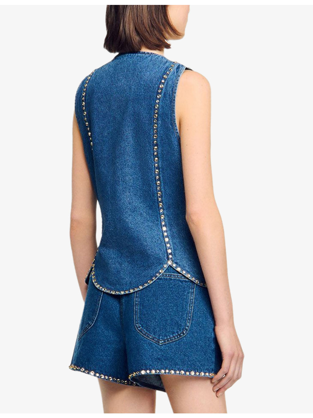 Rhinestone-Embellished Sleeveless Denim Top - 4