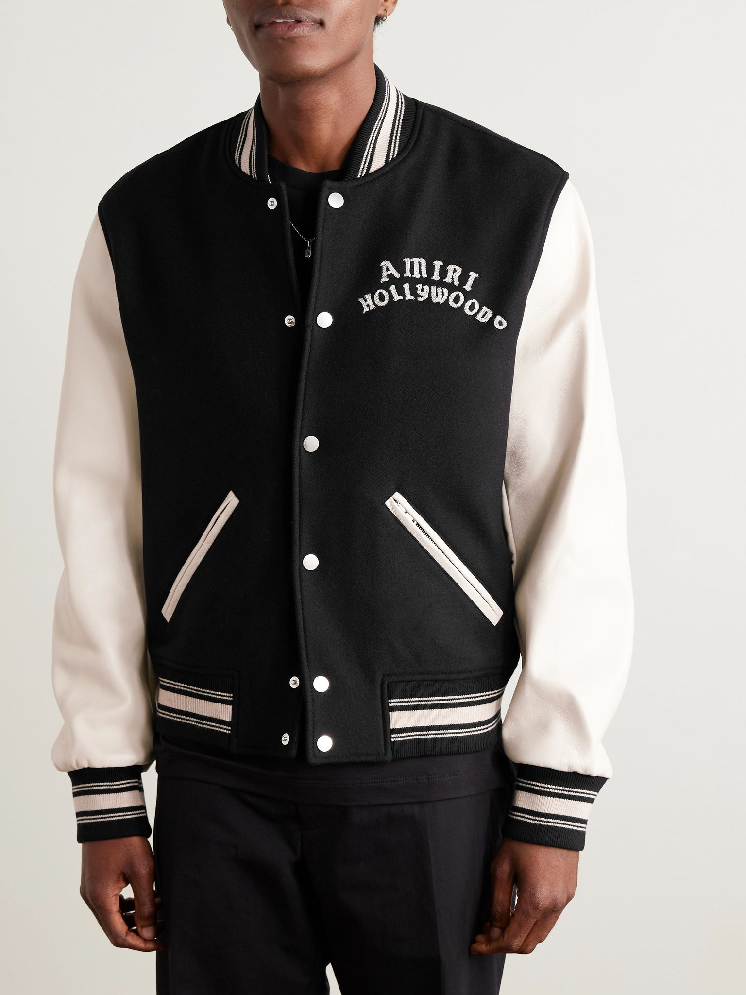 Hollywood Logo-Embroidered Leather and Wool-Blend Flannel Varsity Jacket Black - 3