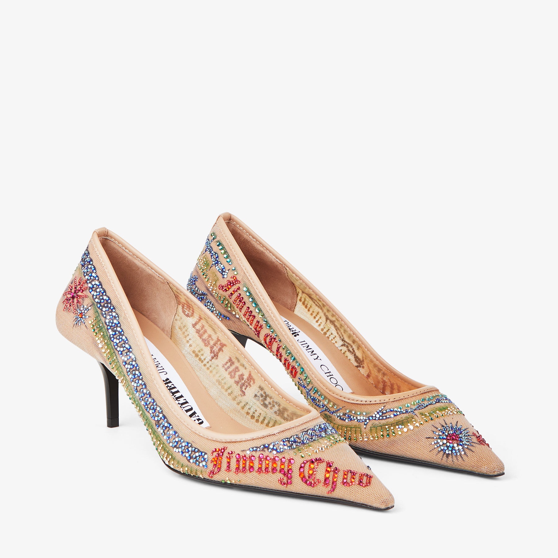 Jimmy Choo / Jean Paul Gaultier Pump 60
Beige Tattoo Print Mesh Pumps with Swarovski Crystals - 3