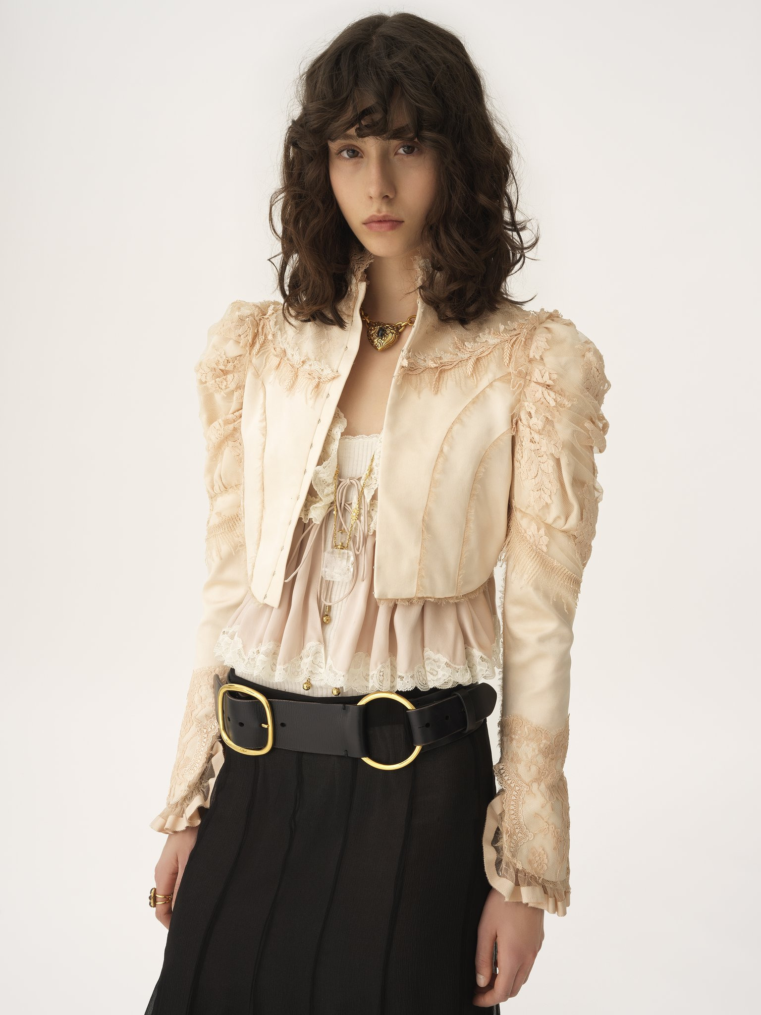 CROPPED FITTED JACKET IN SILK DUCHESS SATIN & LACE - 4