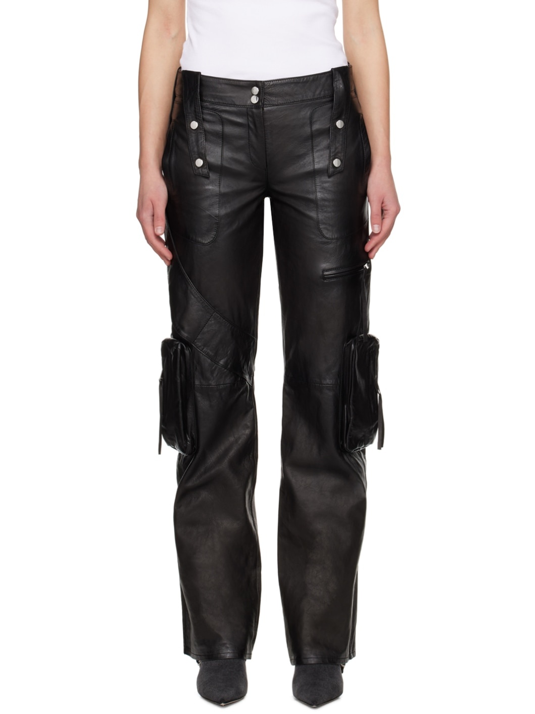 Black Spiral Leather Cargo Pants - 1