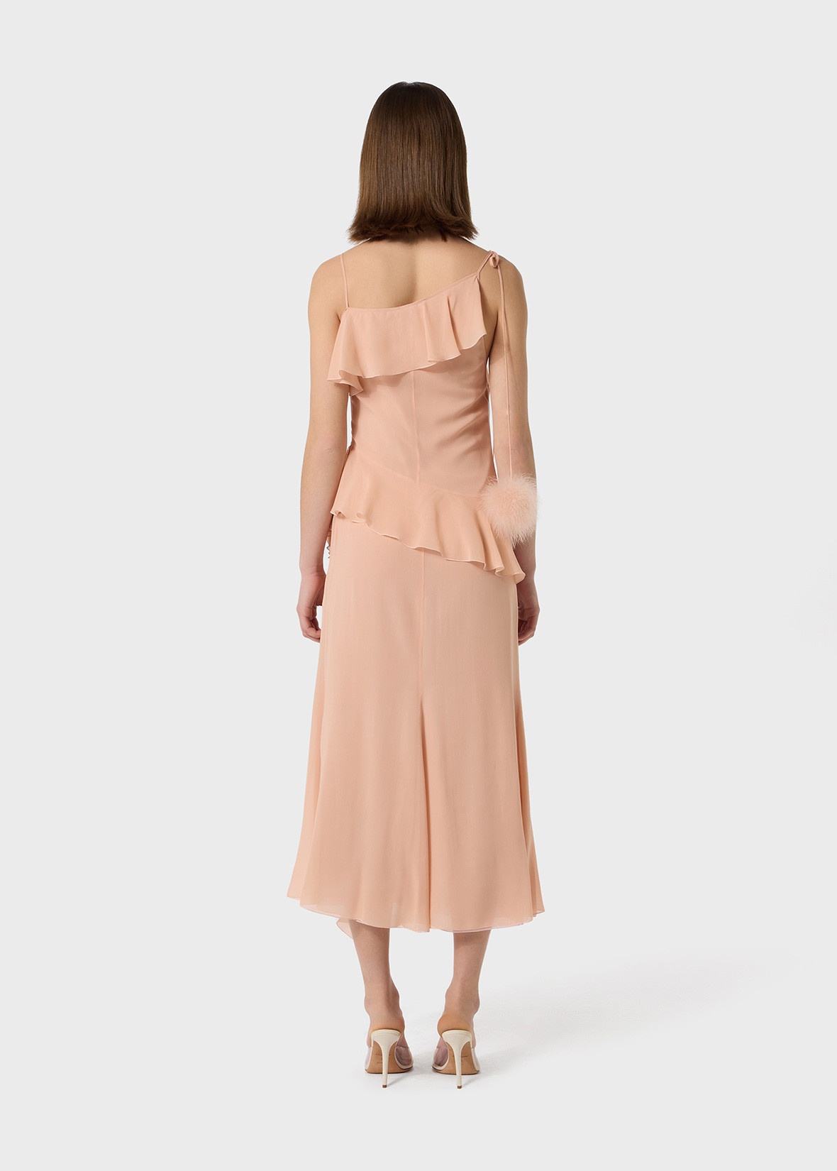 MIDI DRESS IN GEORGETTE WITH RUFFLES AND FEATHER POM-POMS. - 4